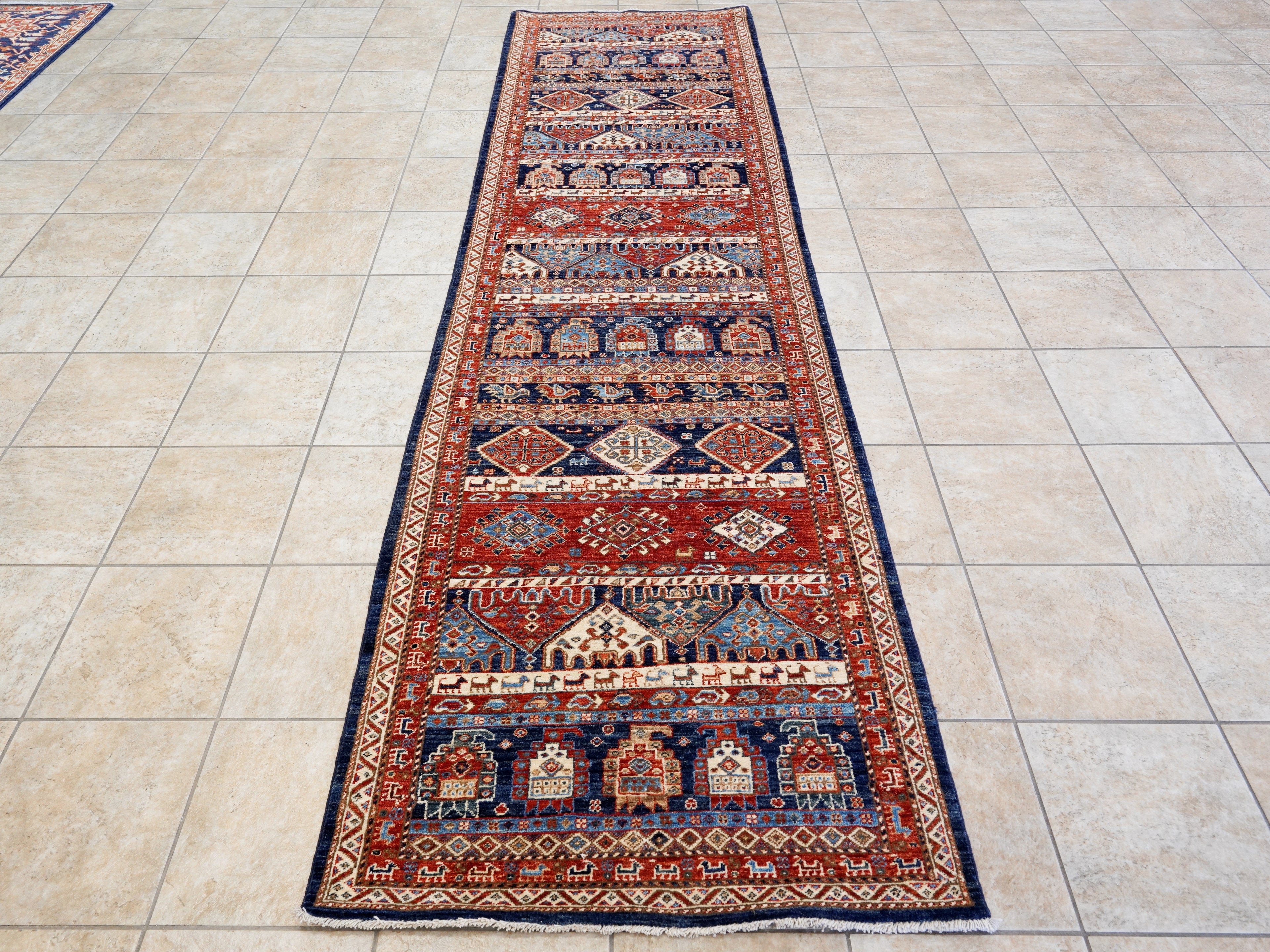 12 Ft Blue & Red Tribal Runner Rug - Afghan Hand Knotted  Rug