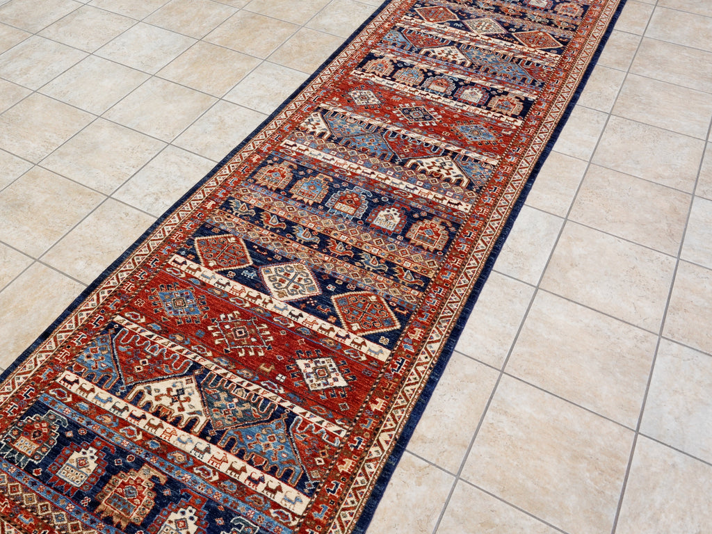12 Ft Blue & Red Tribal Runner Rug - Afghan Hand Knotted  Rug