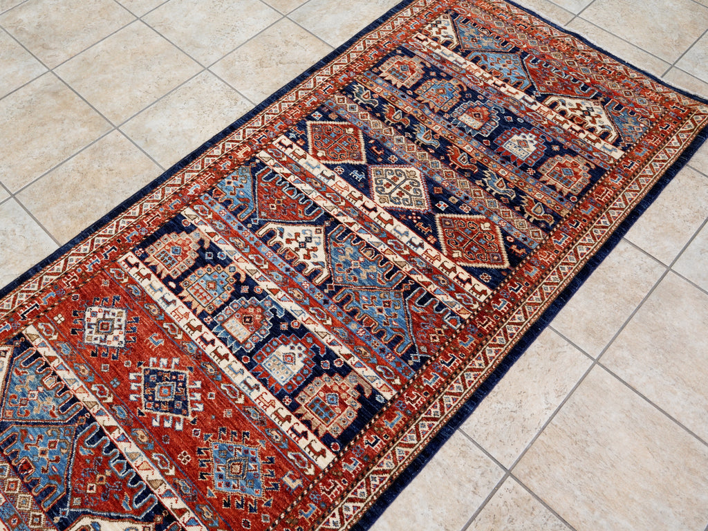 12 Ft Blue & Red Tribal Runner Rug - Afghan Hand Knotted  Rug