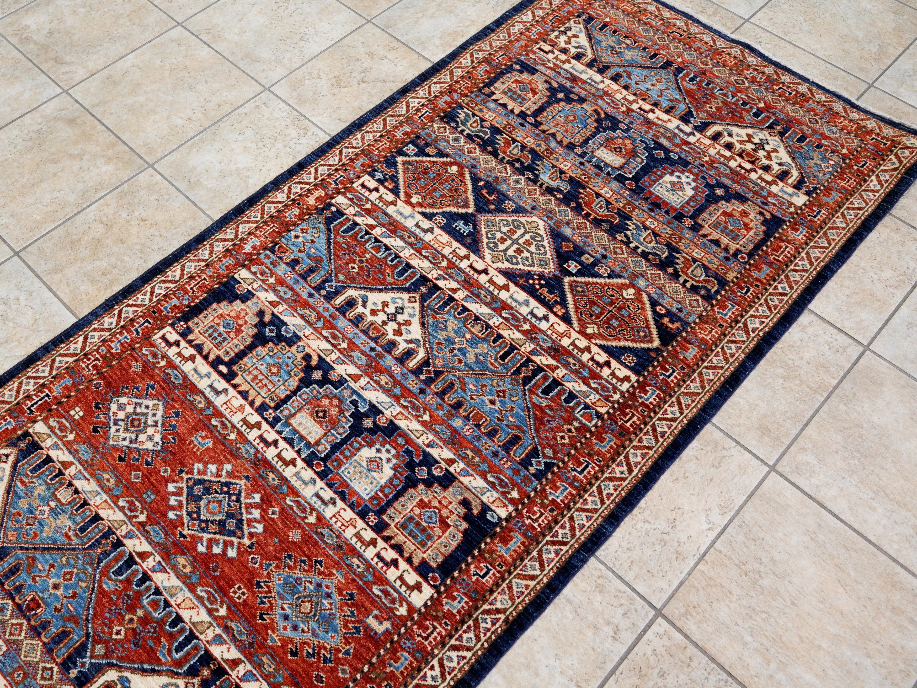 12 Ft Blue & Red Tribal Runner Rug - Afghan Hand Knotted  Rug