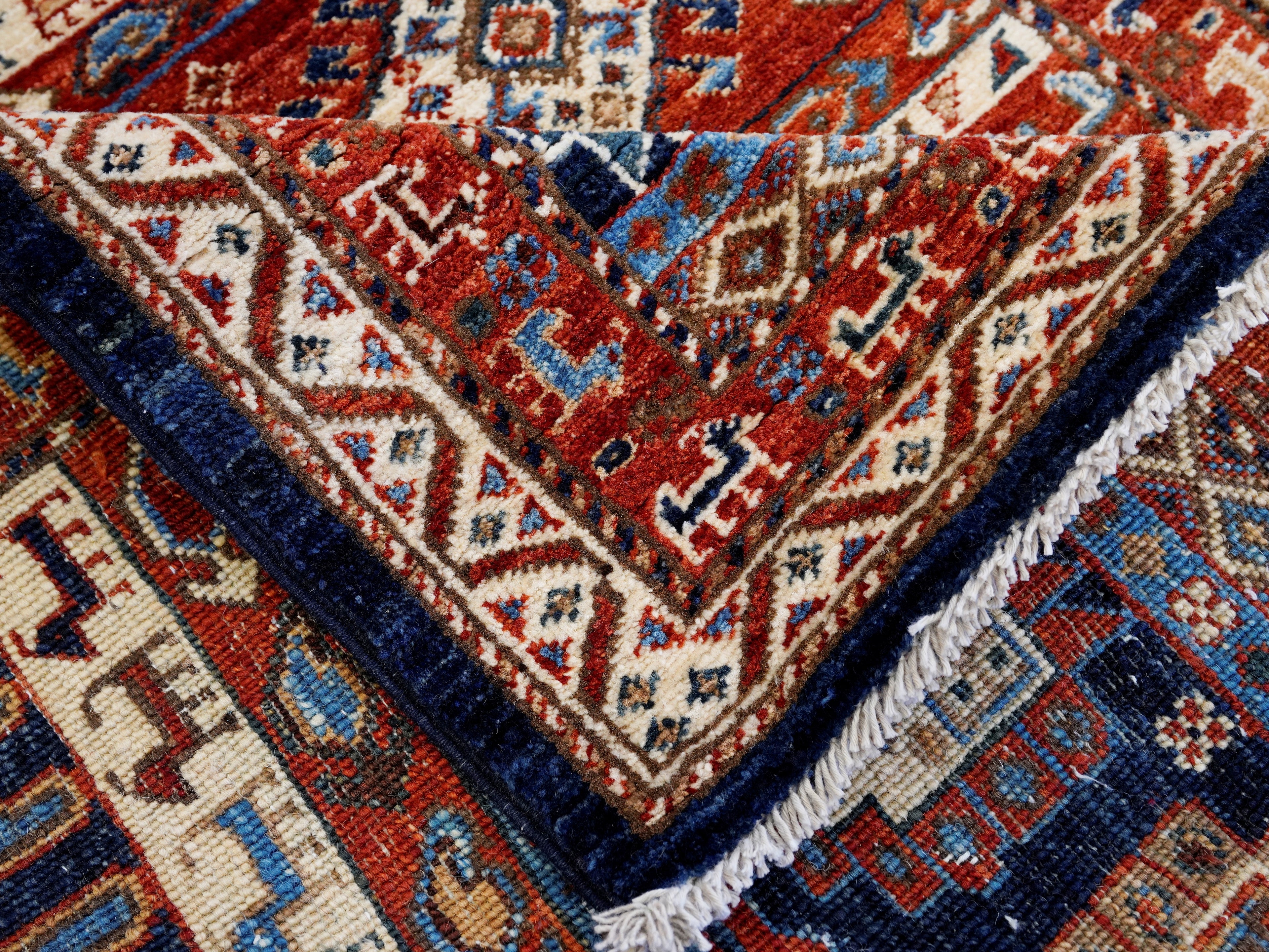 12 Ft Blue & Red Tribal Runner Rug - Afghan Hand Knotted  Rug