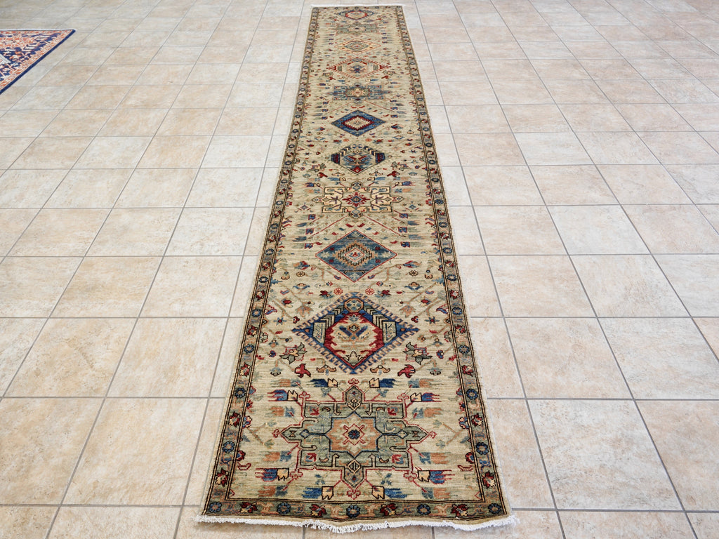 14 Ft Light Green Afghan Oriental Runner Rug - Hand Knotted Wool Runner