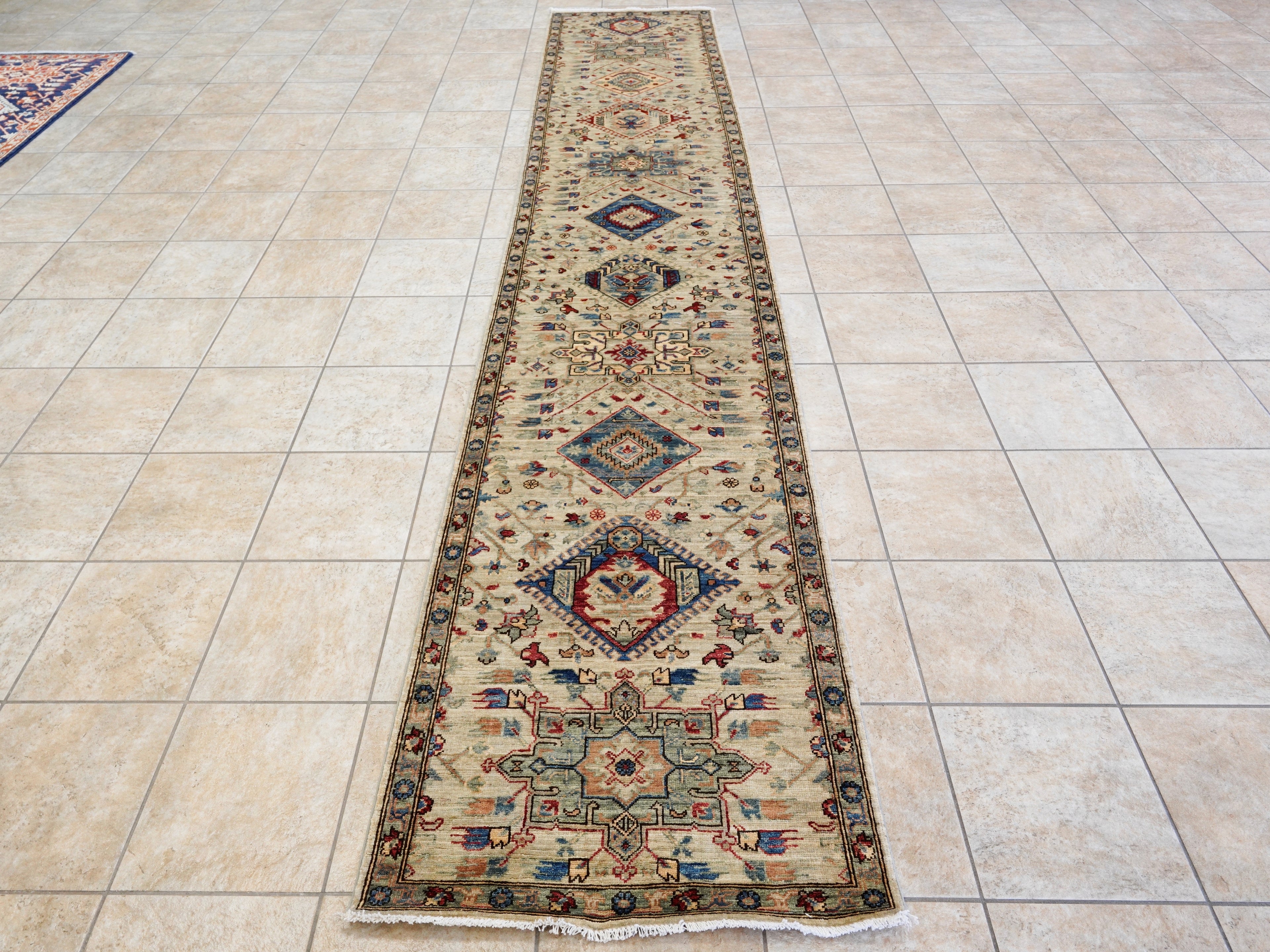 14 Ft Light Green Afghan Oriental Runner Rug - Hand Knotted Wool Runner