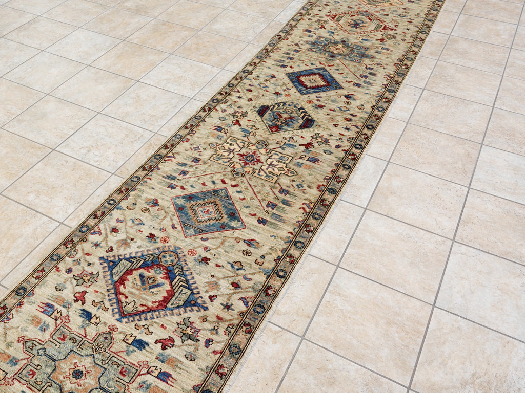 14 Ft Light Green Afghan Oriental Runner Rug - Hand Knotted Wool Runner
