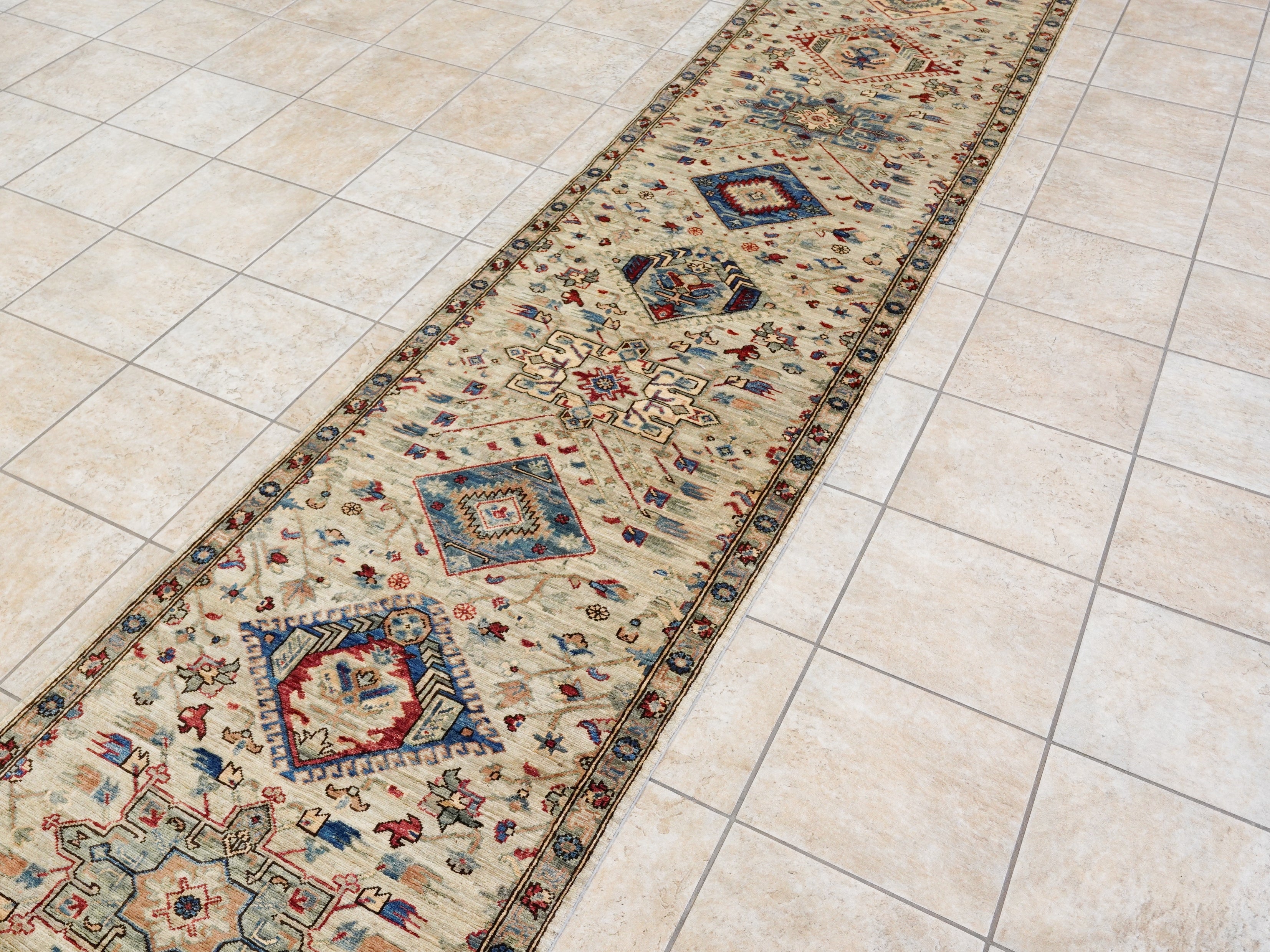 14 Ft Light Green Afghan Oriental Runner Rug - Hand Knotted Wool Runner