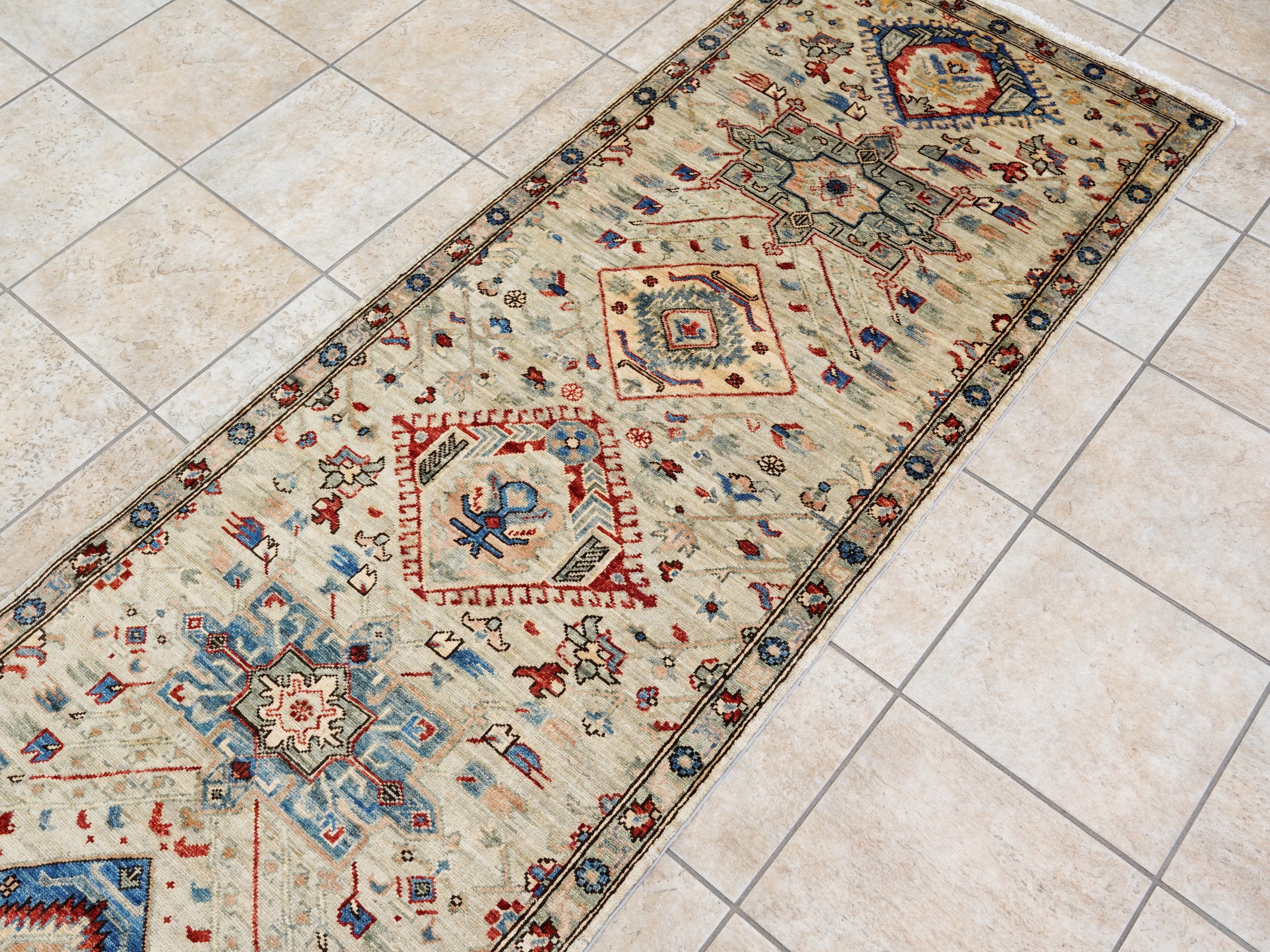 14 Ft Light Green Afghan Oriental Runner Rug - Hand Knotted Wool Runner