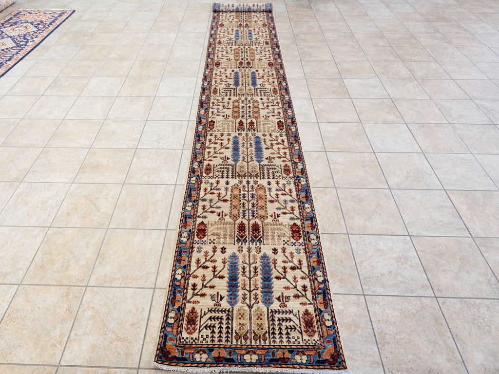16 Ft Beige Floral Runner Rug - Hand Knotted Afghan Runner