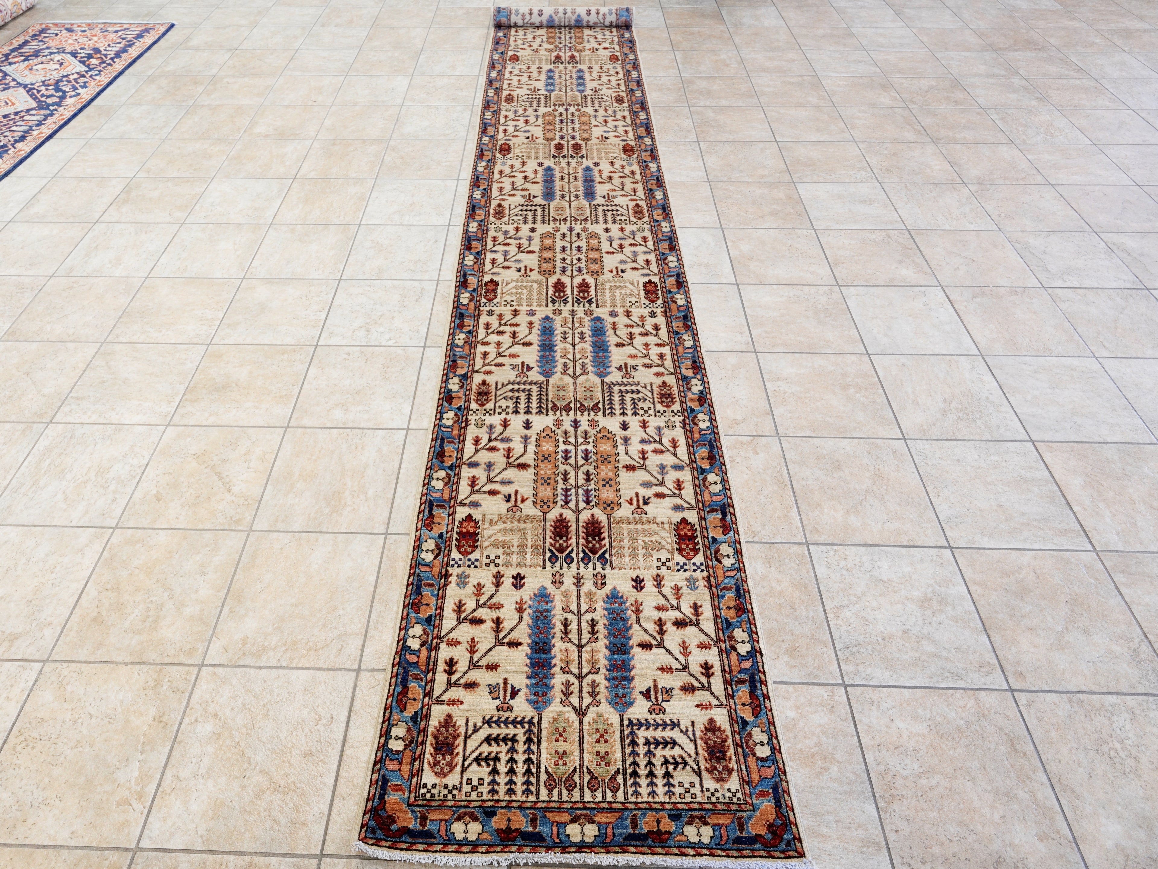 16 Ft Beige Floral Runner Rug - Hand Knotted Afghan Runner