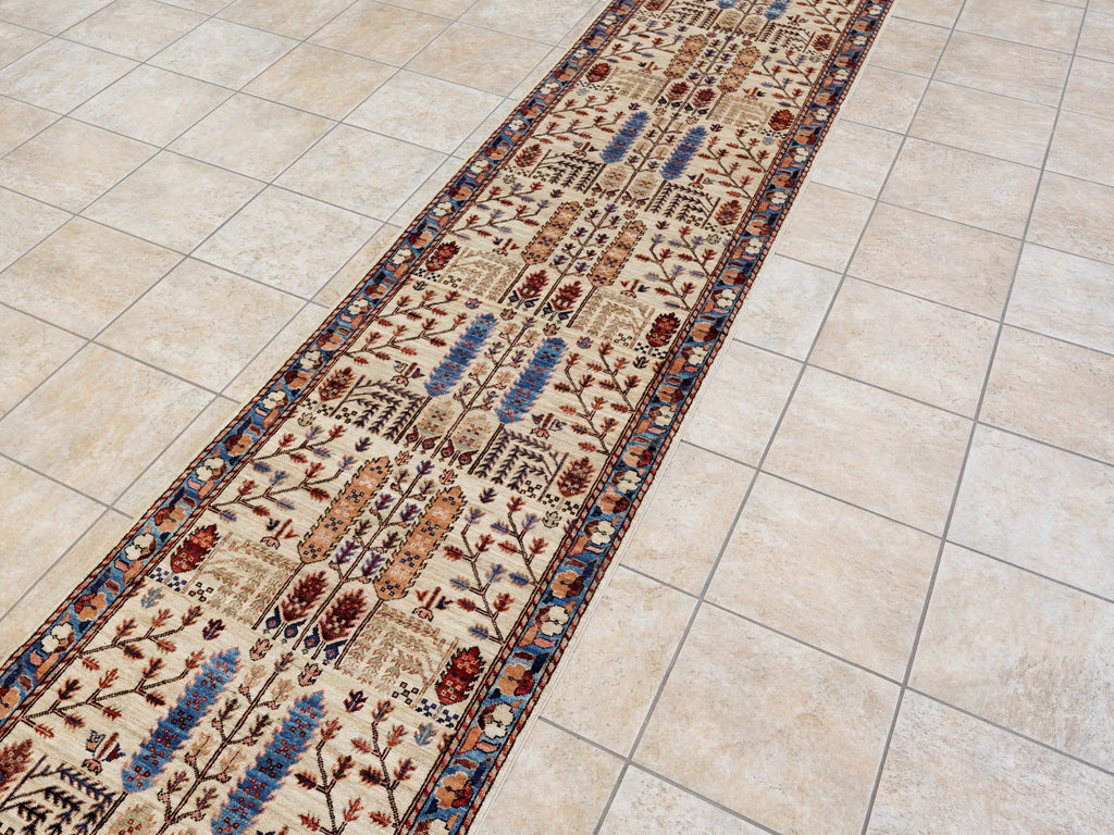 16 Ft Beige Floral Runner Rug - Hand Knotted Afghan Runner
