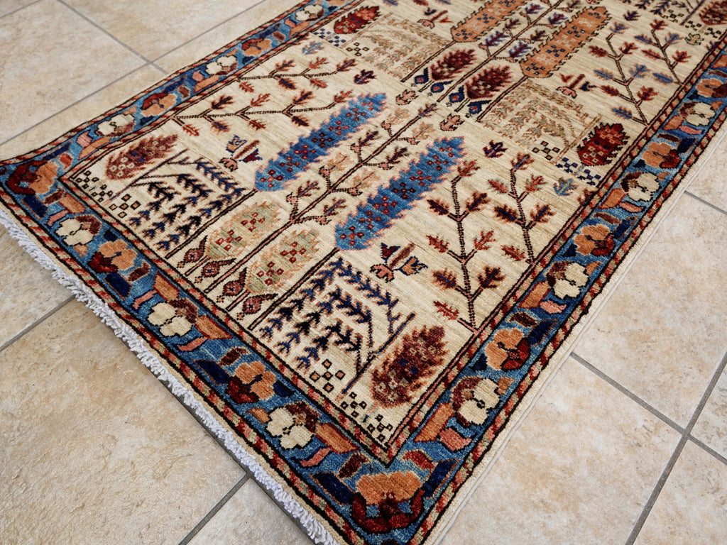 16 Ft Beige Floral Runner Rug - Hand Knotted Afghan Runner
