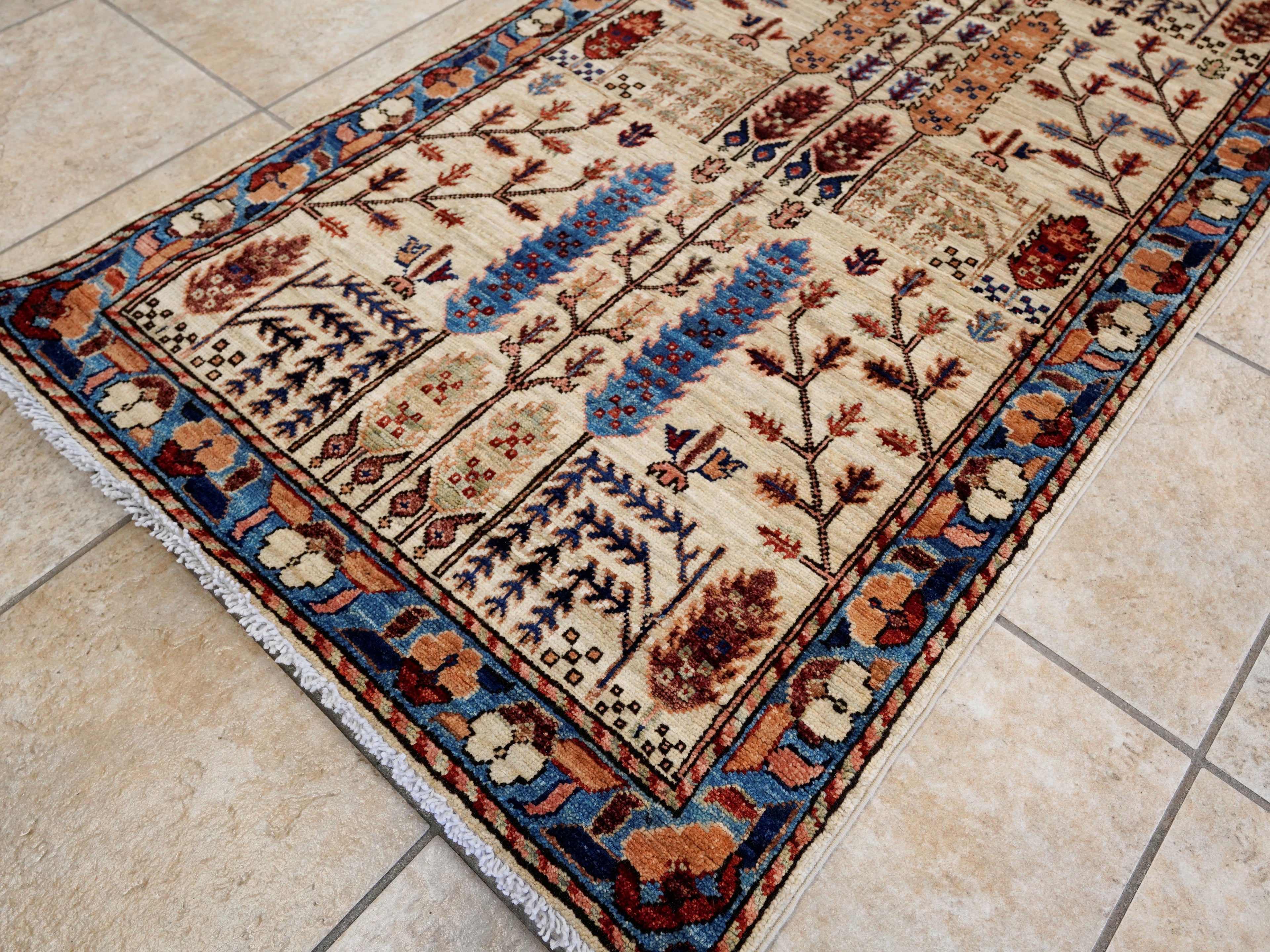 16 Ft Beige Floral Runner Rug - Hand Knotted Afghan Runner