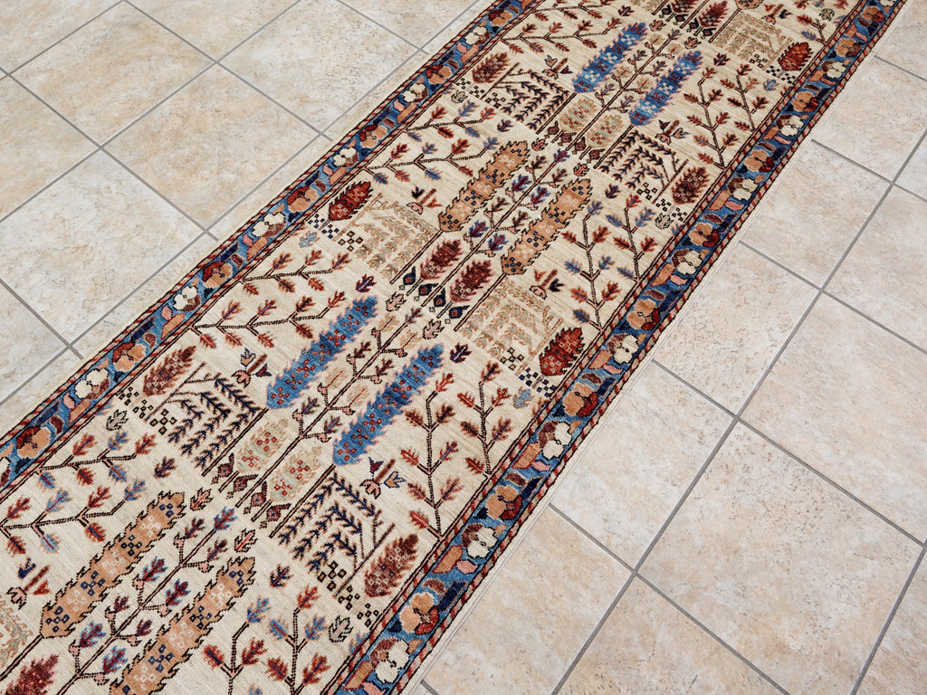 16 Ft Beige Floral Runner Rug - Hand Knotted Afghan Runner
