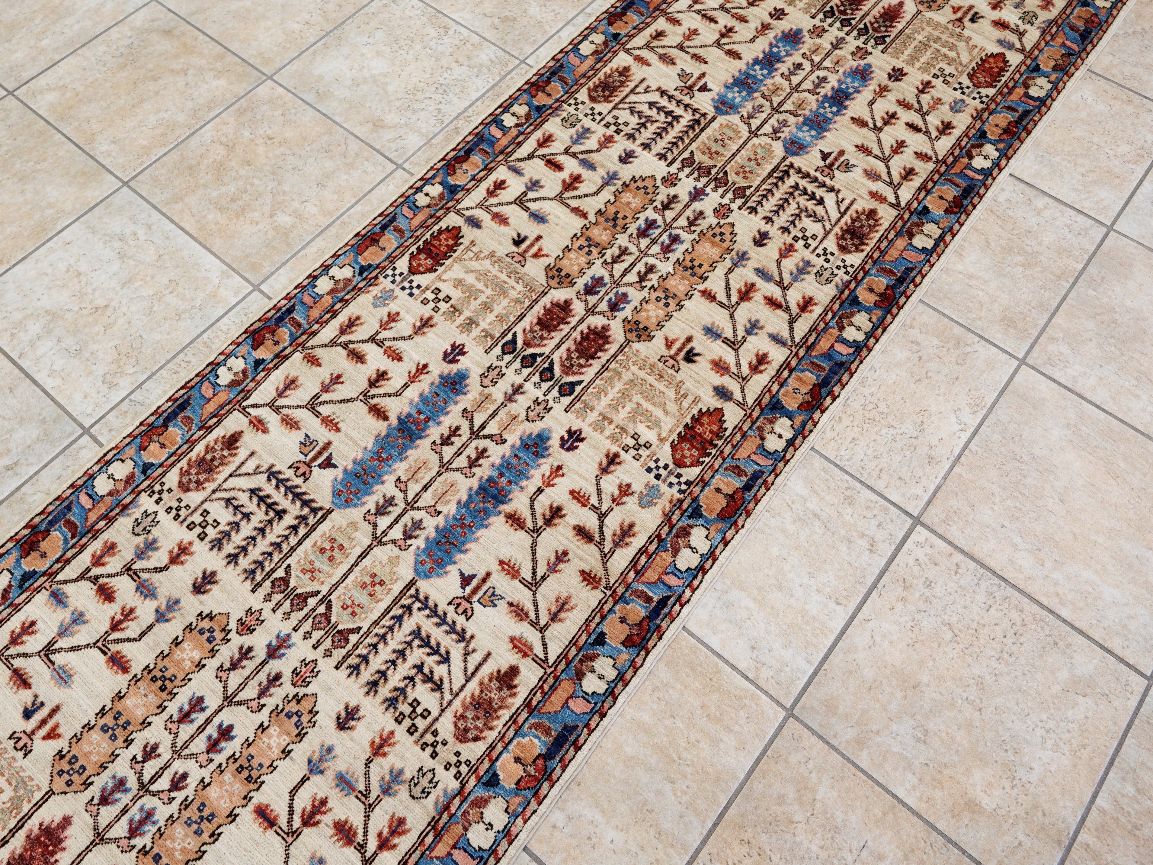 16 Ft Beige Floral Runner Rug - Hand Knotted Afghan Runner