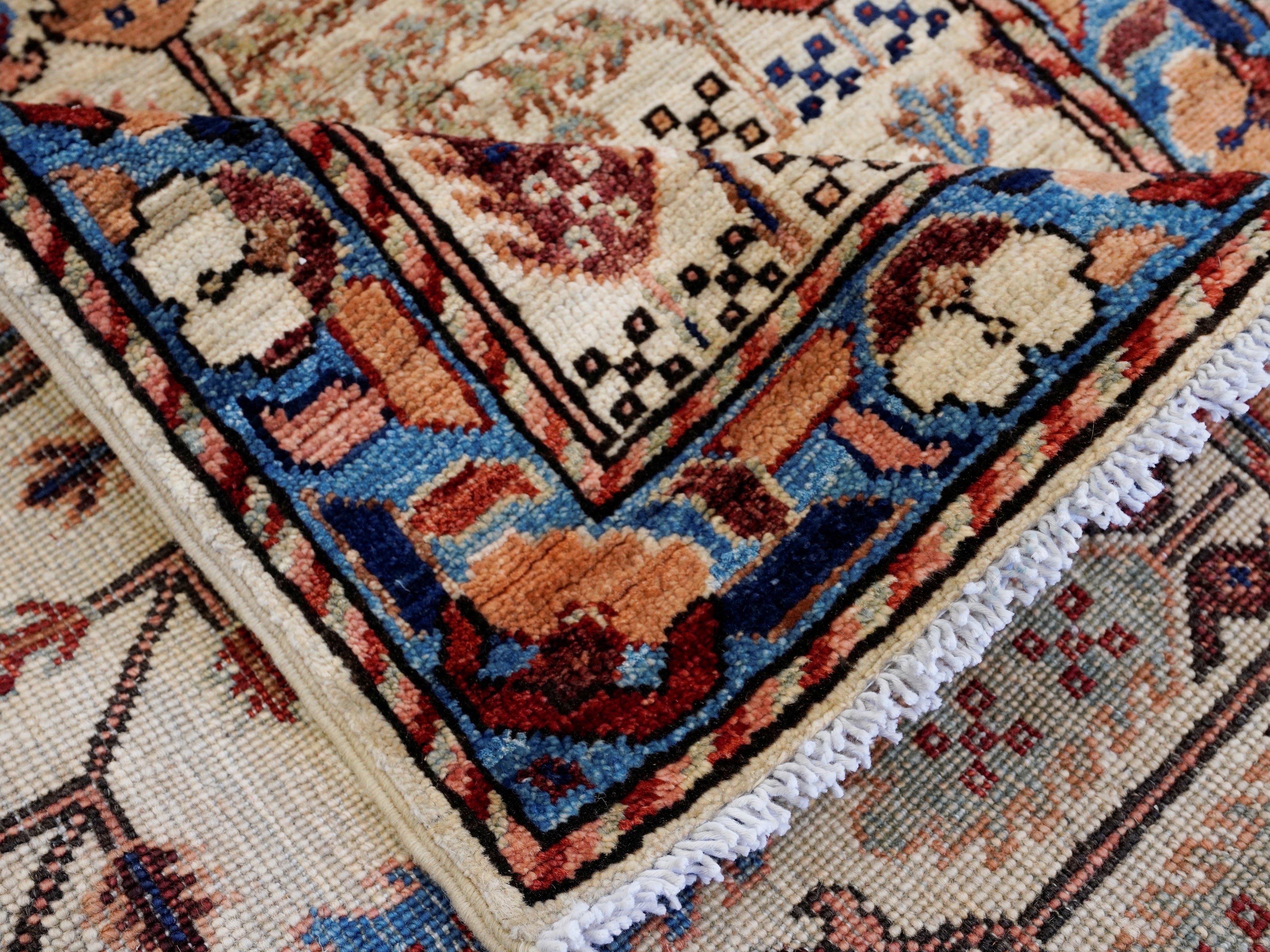 16 Ft Beige Floral Runner Rug - Hand Knotted Afghan Runner