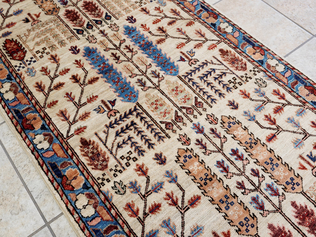 16 Ft Beige Floral Runner Rug - Hand Knotted Afghan Runner