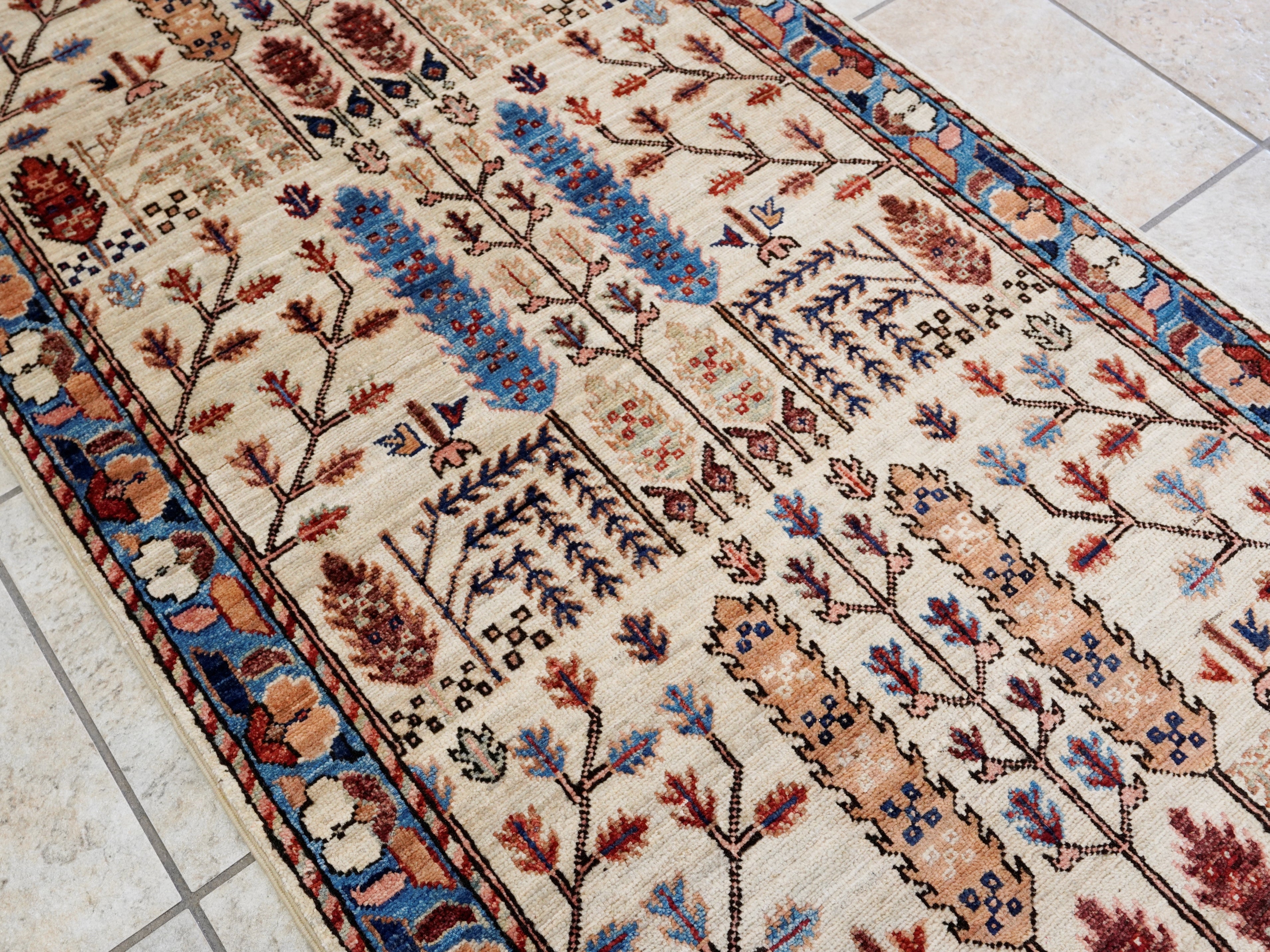 16 Ft Beige Floral Runner Rug - Hand Knotted Afghan Runner