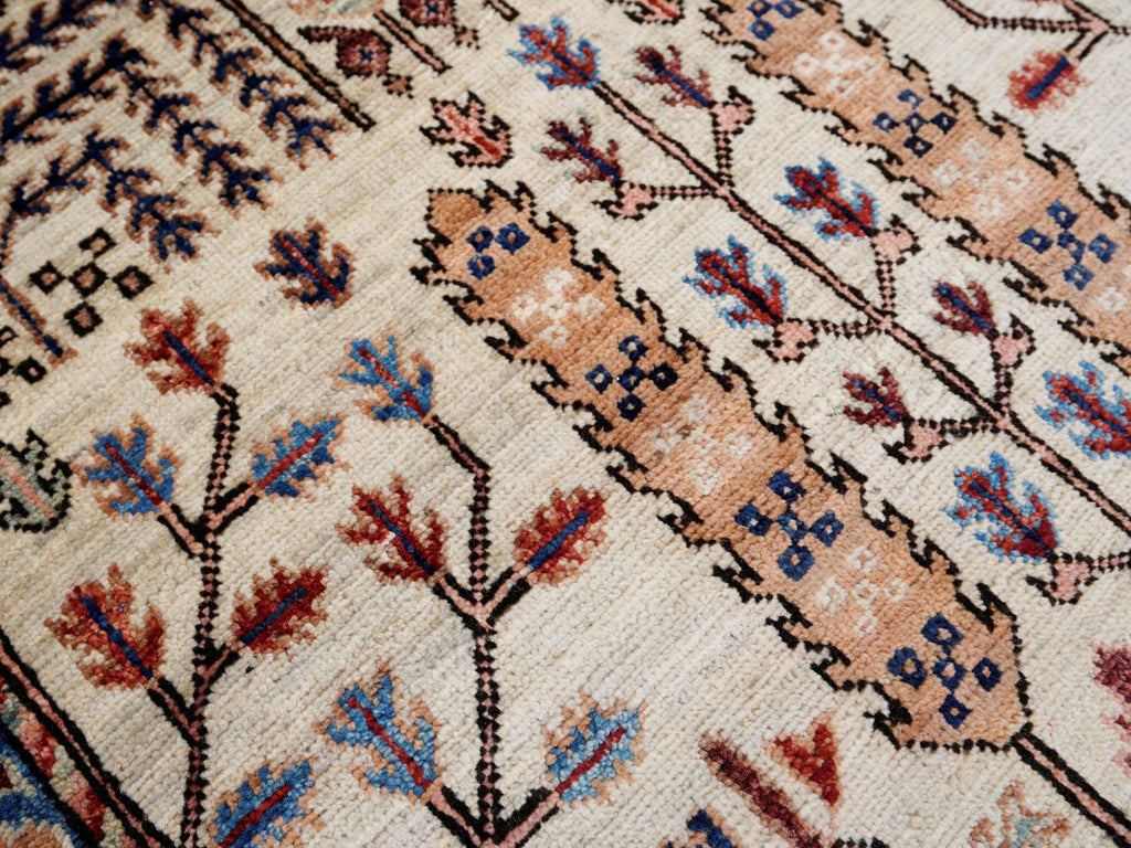 16 Ft Beige Floral Runner Rug - Hand Knotted Afghan Runner