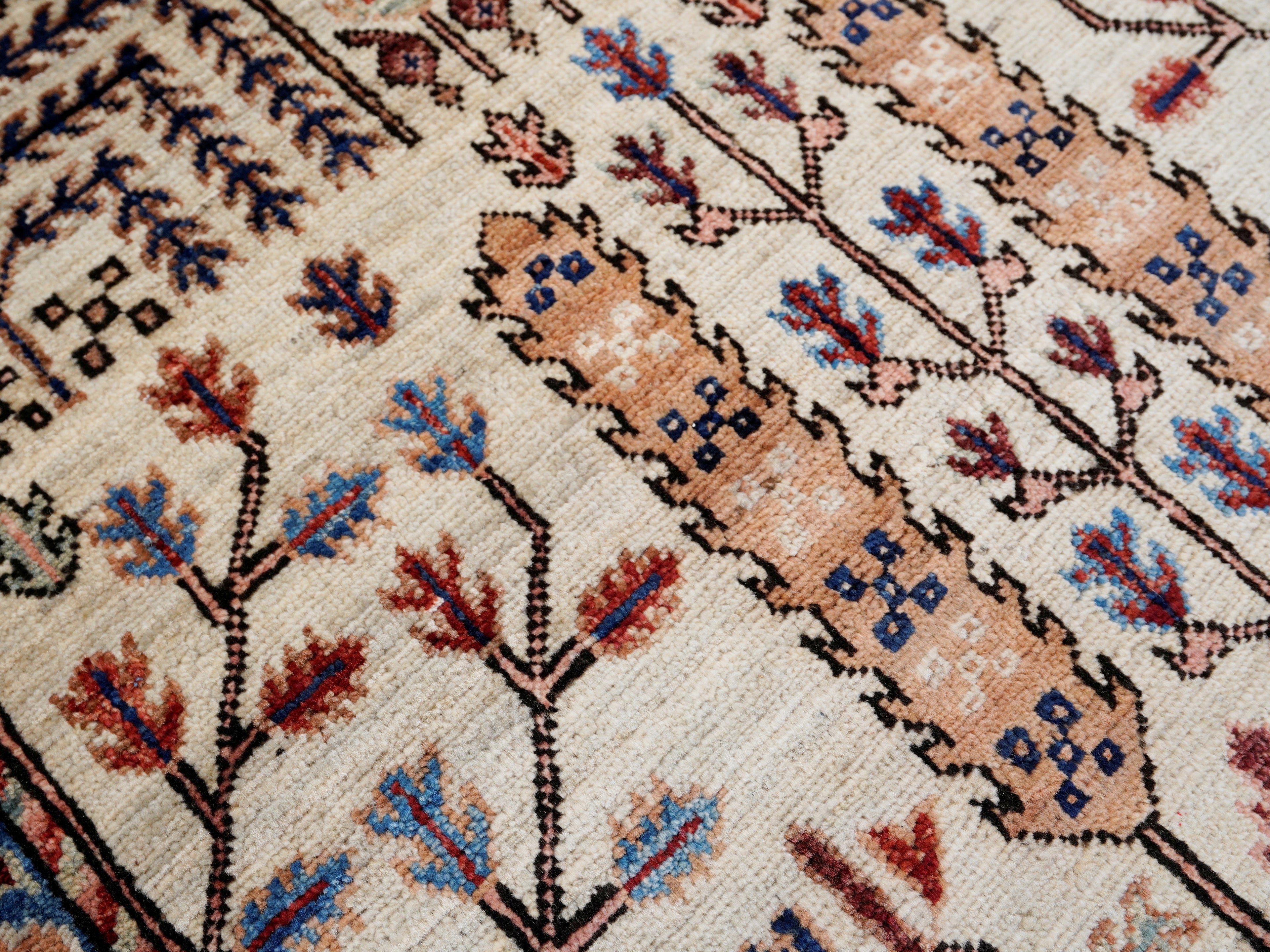 16 Ft Beige Floral Runner Rug - Hand Knotted Afghan Runner