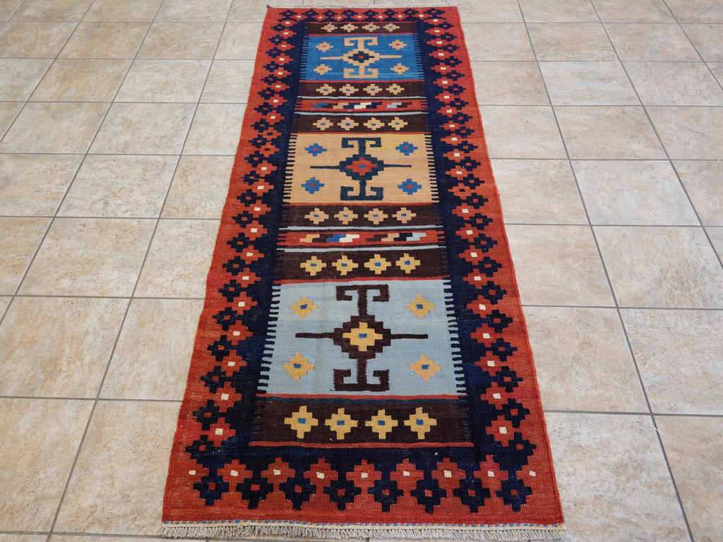 8 Ft Red & Blue Killim Runner Rug  - Handwoven Flatweave Runner