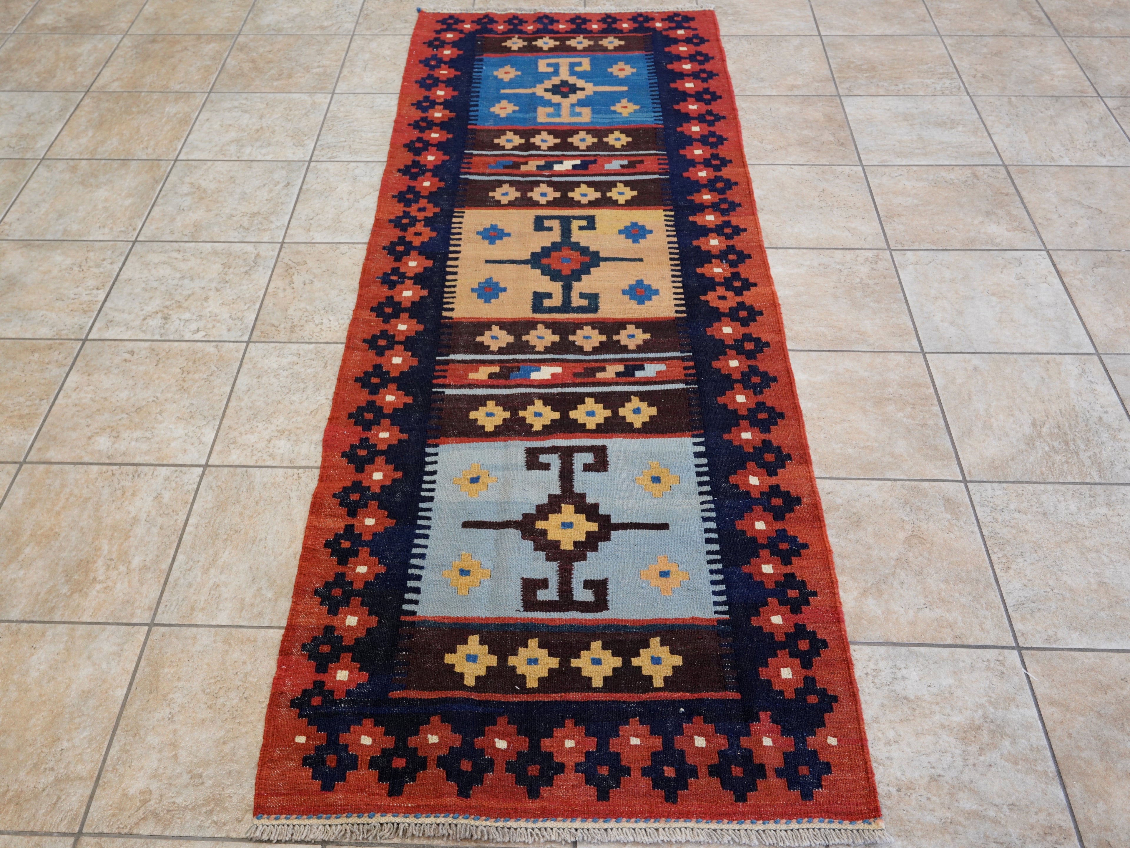 8 Ft Red & Blue Killim Runner Rug  - Handwoven Flatweave Runner