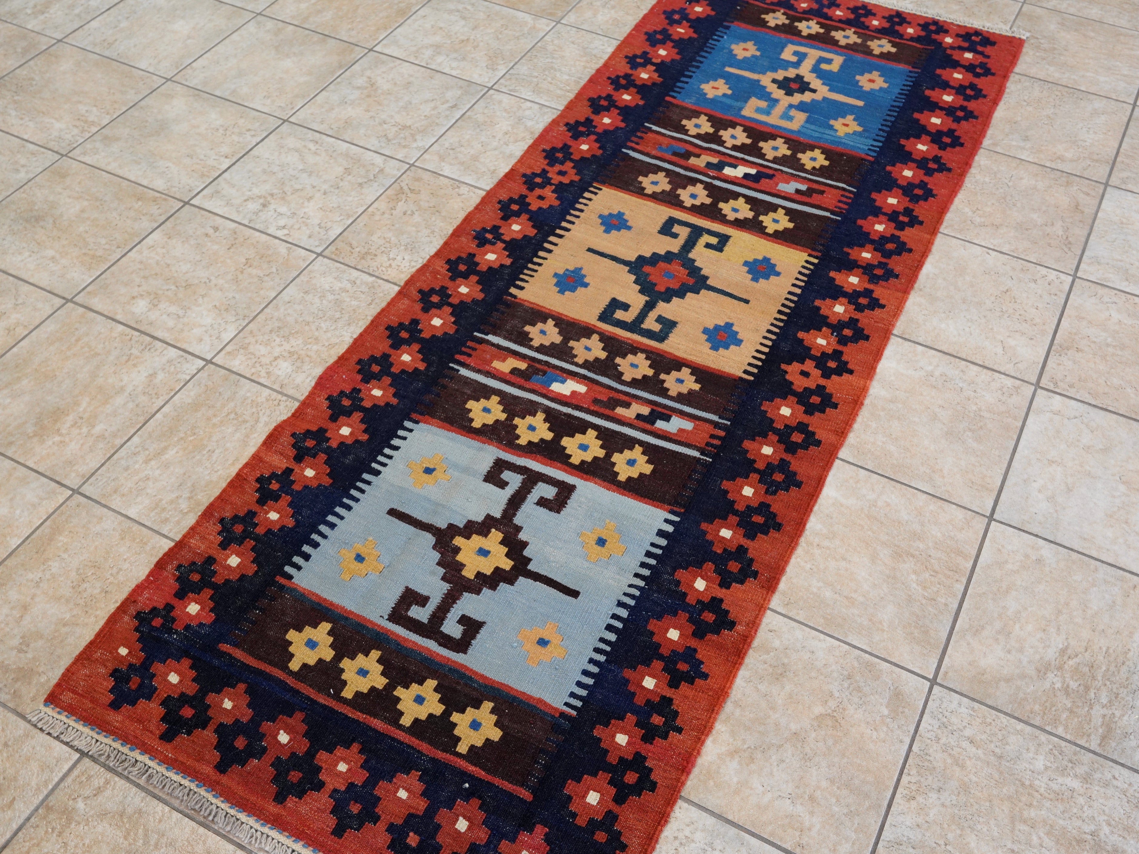 8 Ft Red & Blue Killim Runner Rug  - Handwoven Flatweave Runner