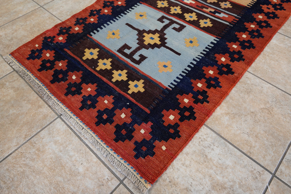 8 Ft Red & Blue Killim Runner Rug  - Handwoven Flatweave Runner