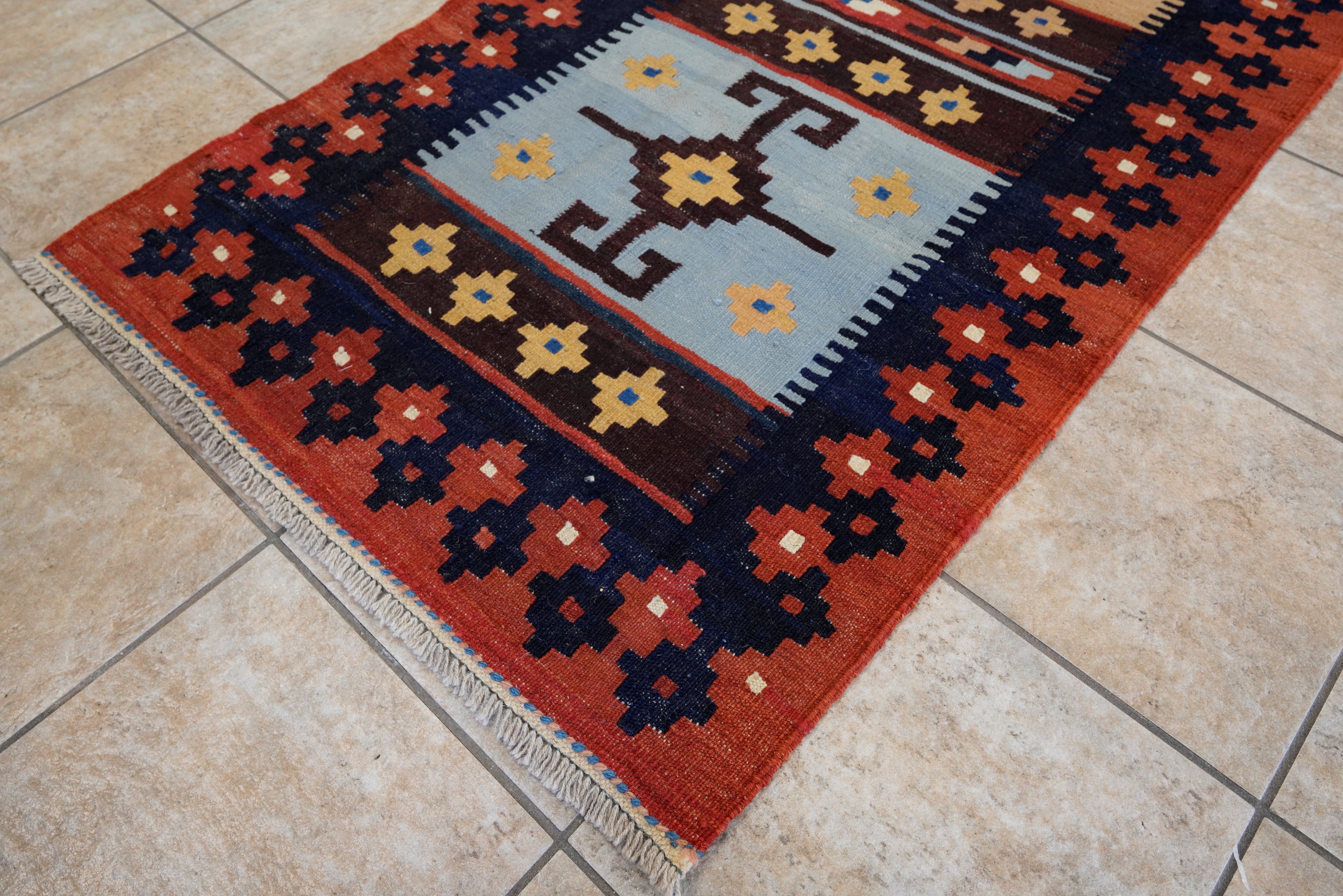8 Ft Red & Blue Killim Runner Rug  - Handwoven Flatweave Runner