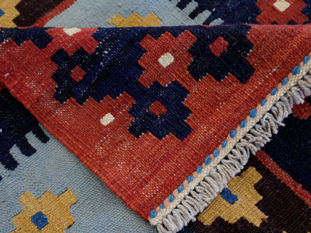 8 Ft Red & Blue Killim Runner Rug  - Handwoven Flatweave Runner