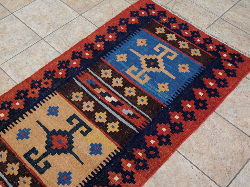 8 Ft Red & Blue Killim Runner Rug  - Handwoven Flatweave Runner