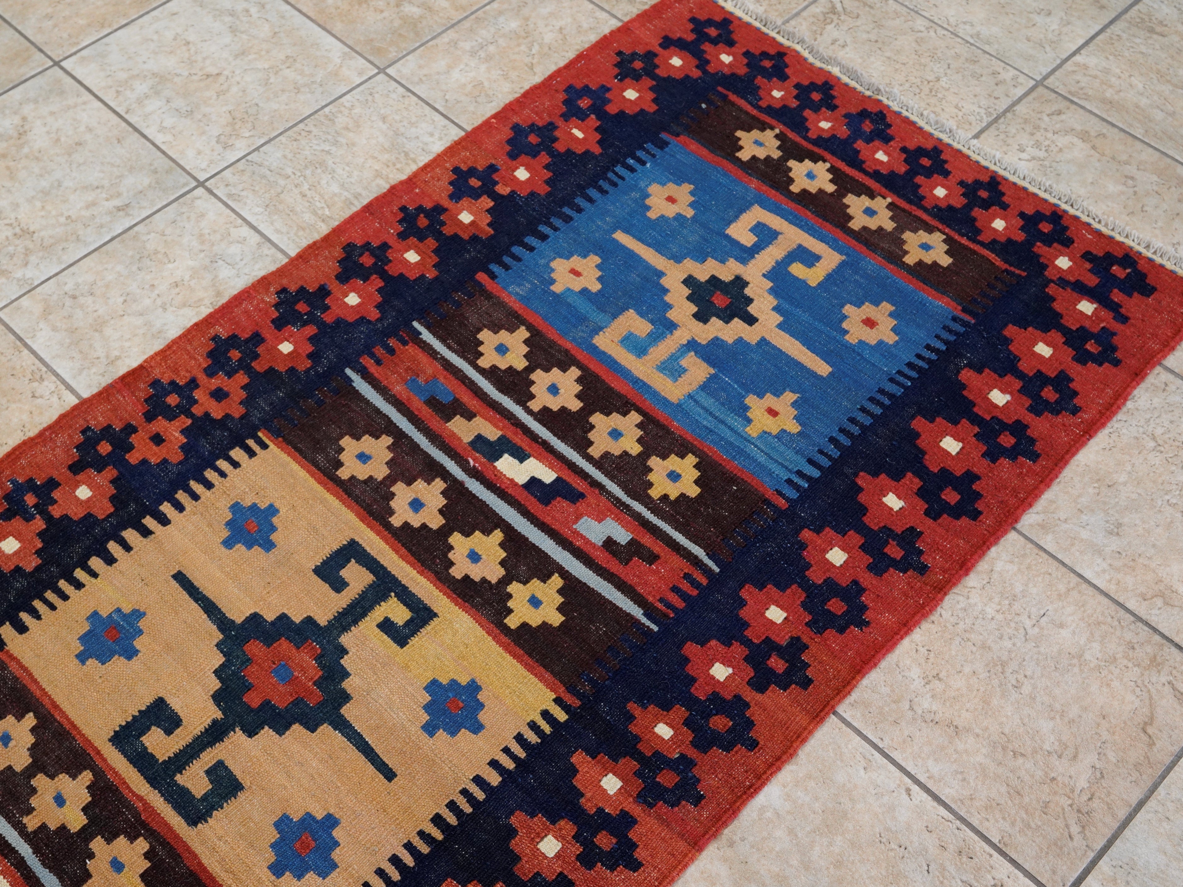 8 Ft Red & Blue Killim Runner Rug  - Handwoven Flatweave Runner