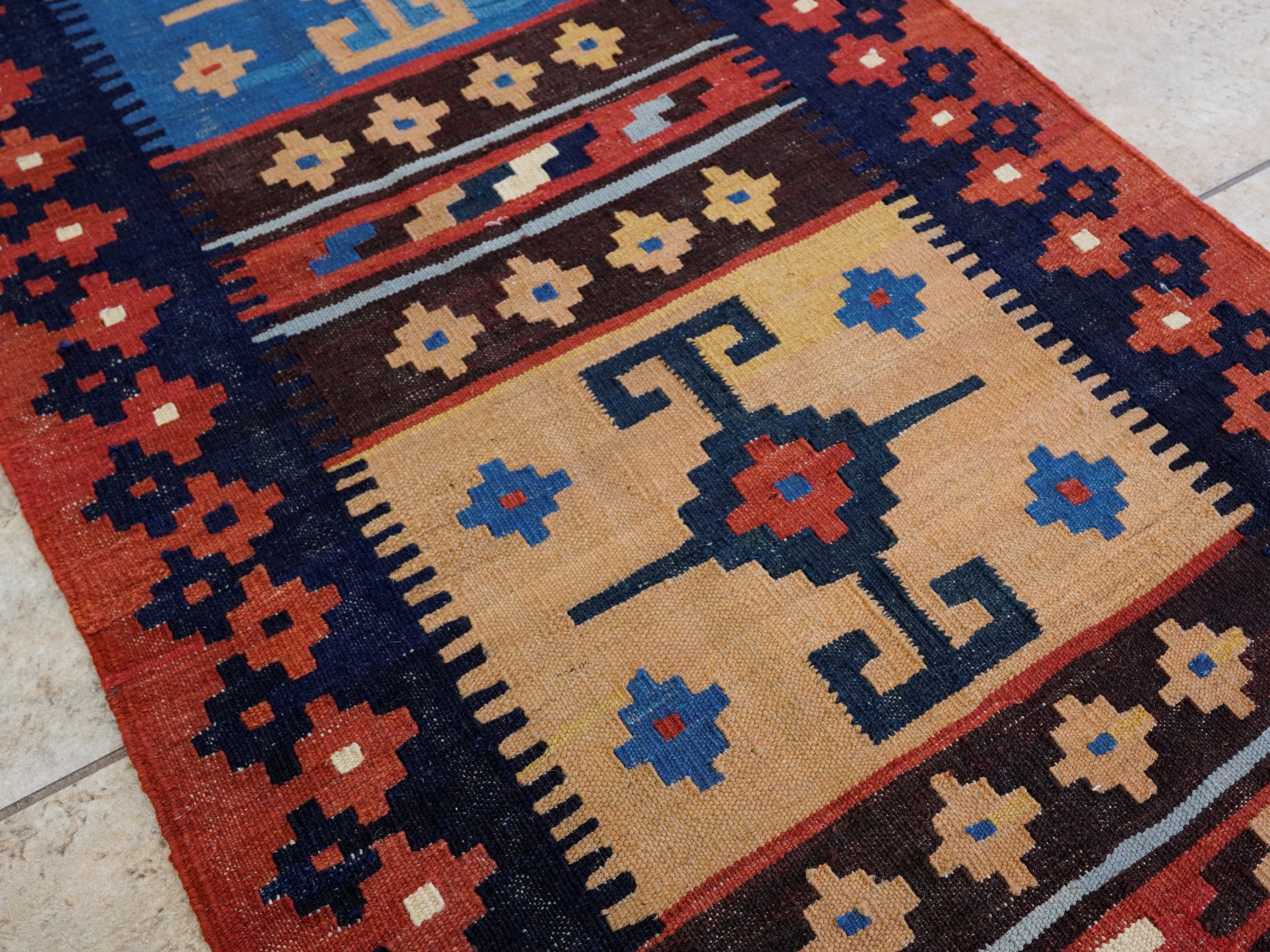 8 Ft Red & Blue Killim Runner Rug  - Handwoven Flatweave Runner