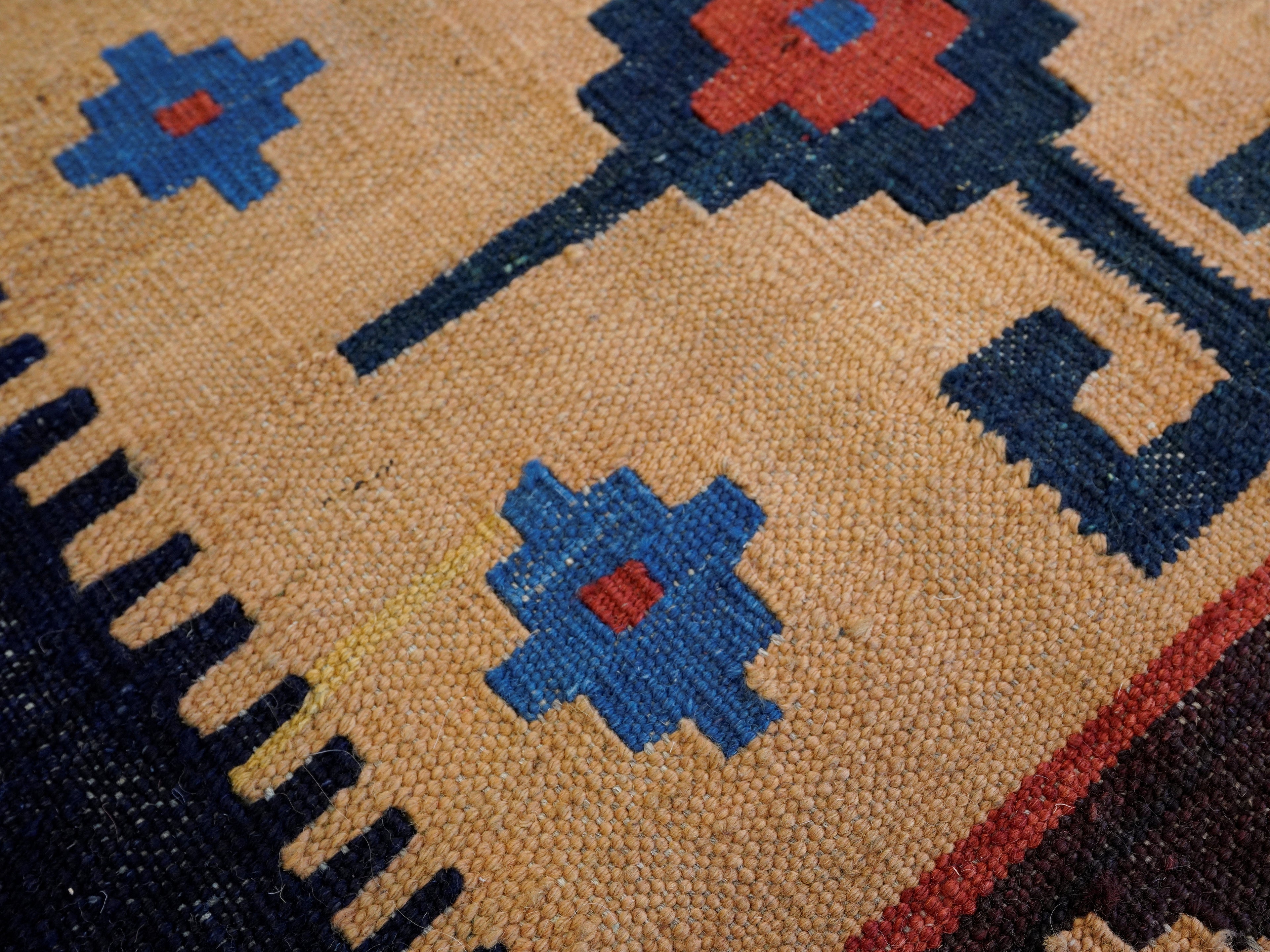 8 Ft Red & Blue Killim Runner Rug  - Handwoven Flatweave Runner