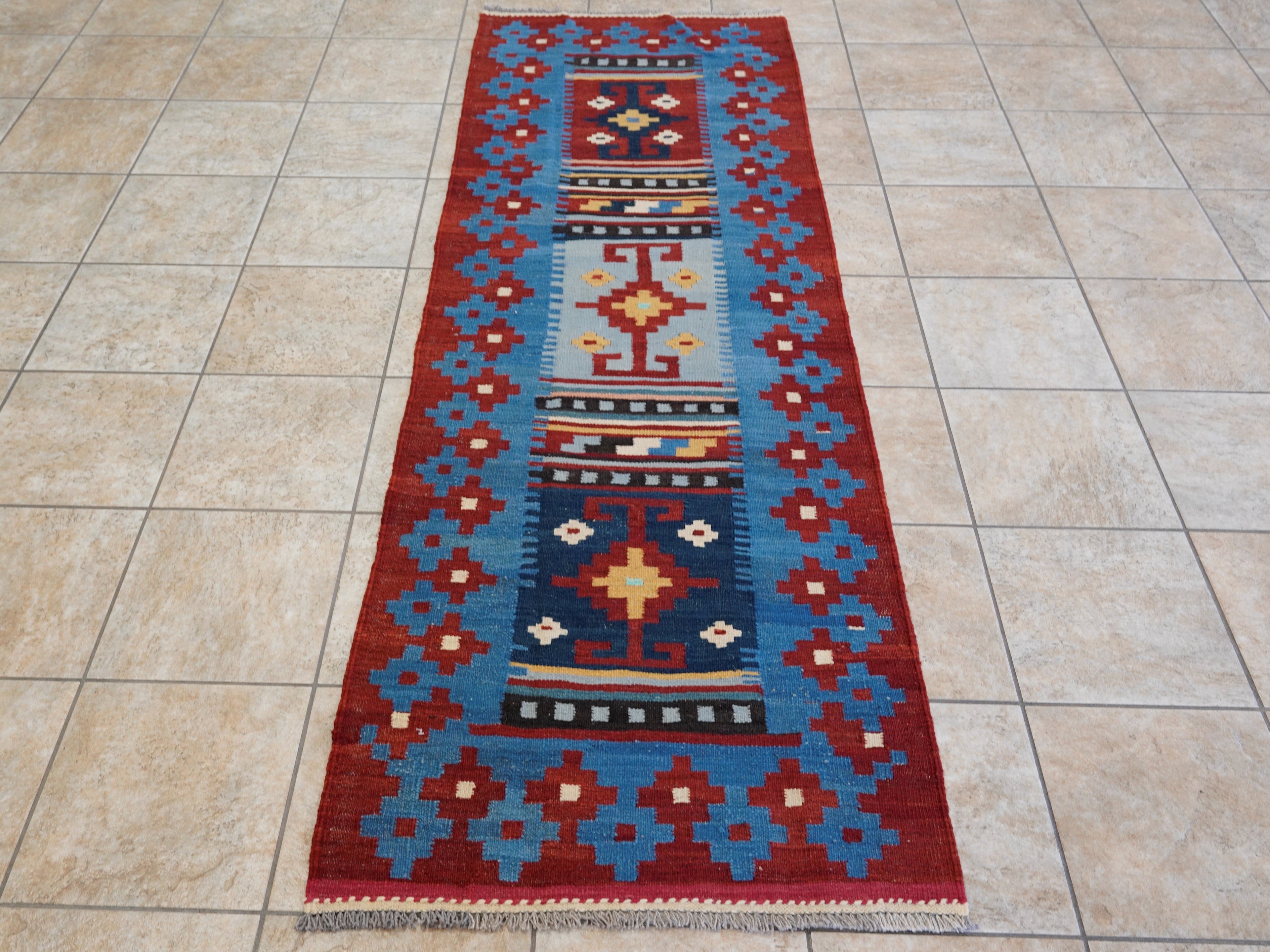8 Ft Blue Killim Runner Rug  - Handwoven Flatweave Runner