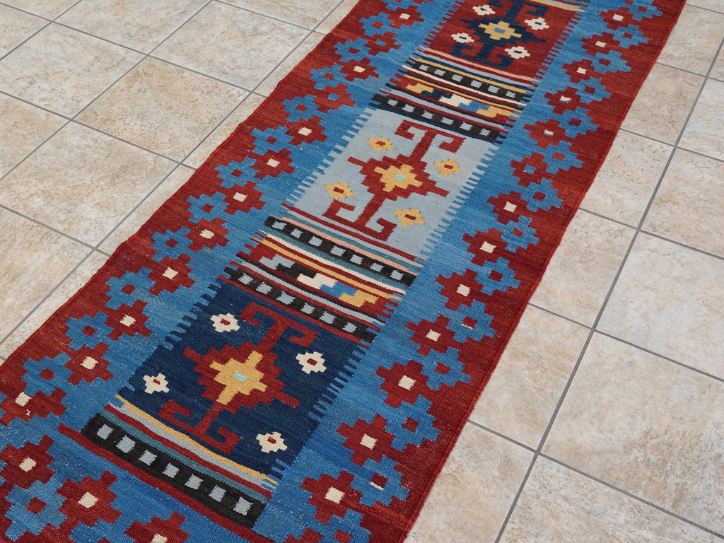 8 Ft Blue Killim Runner Rug  - Handwoven Flatweave Runner