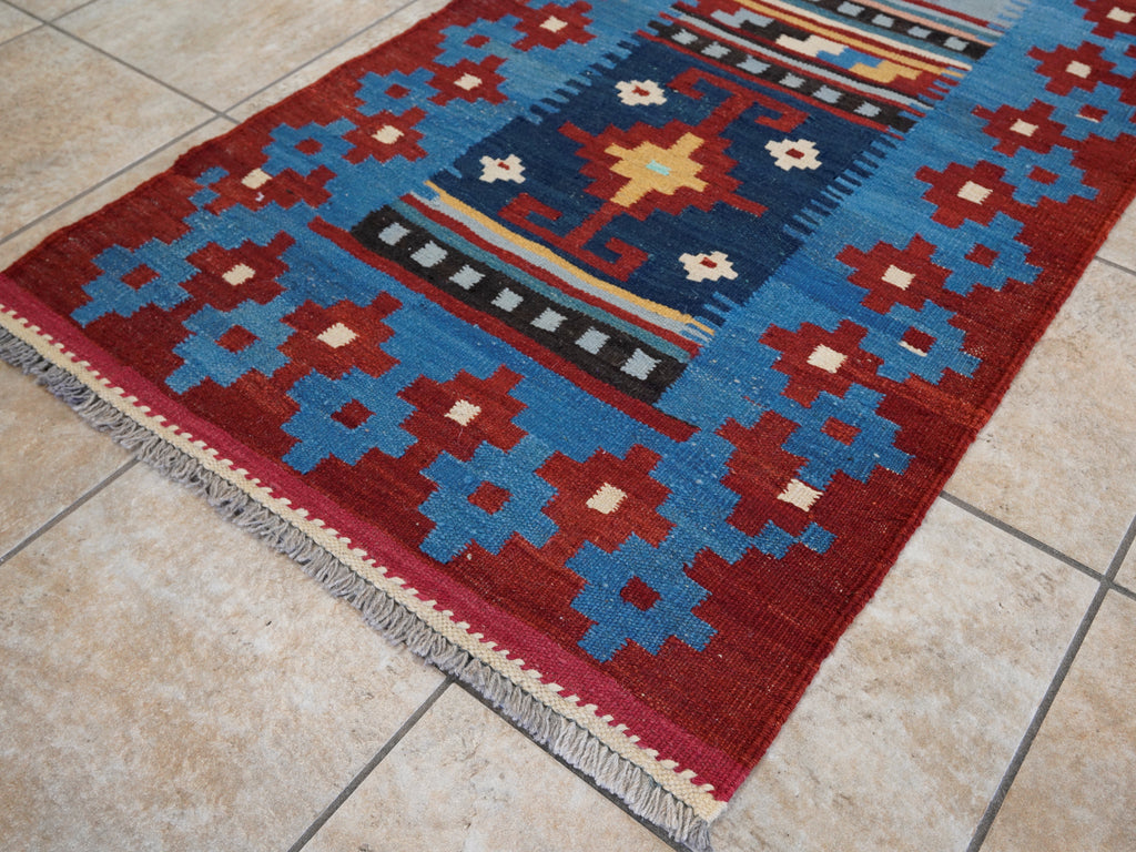 8 Ft Blue Killim Runner Rug  - Handwoven Flatweave Runner