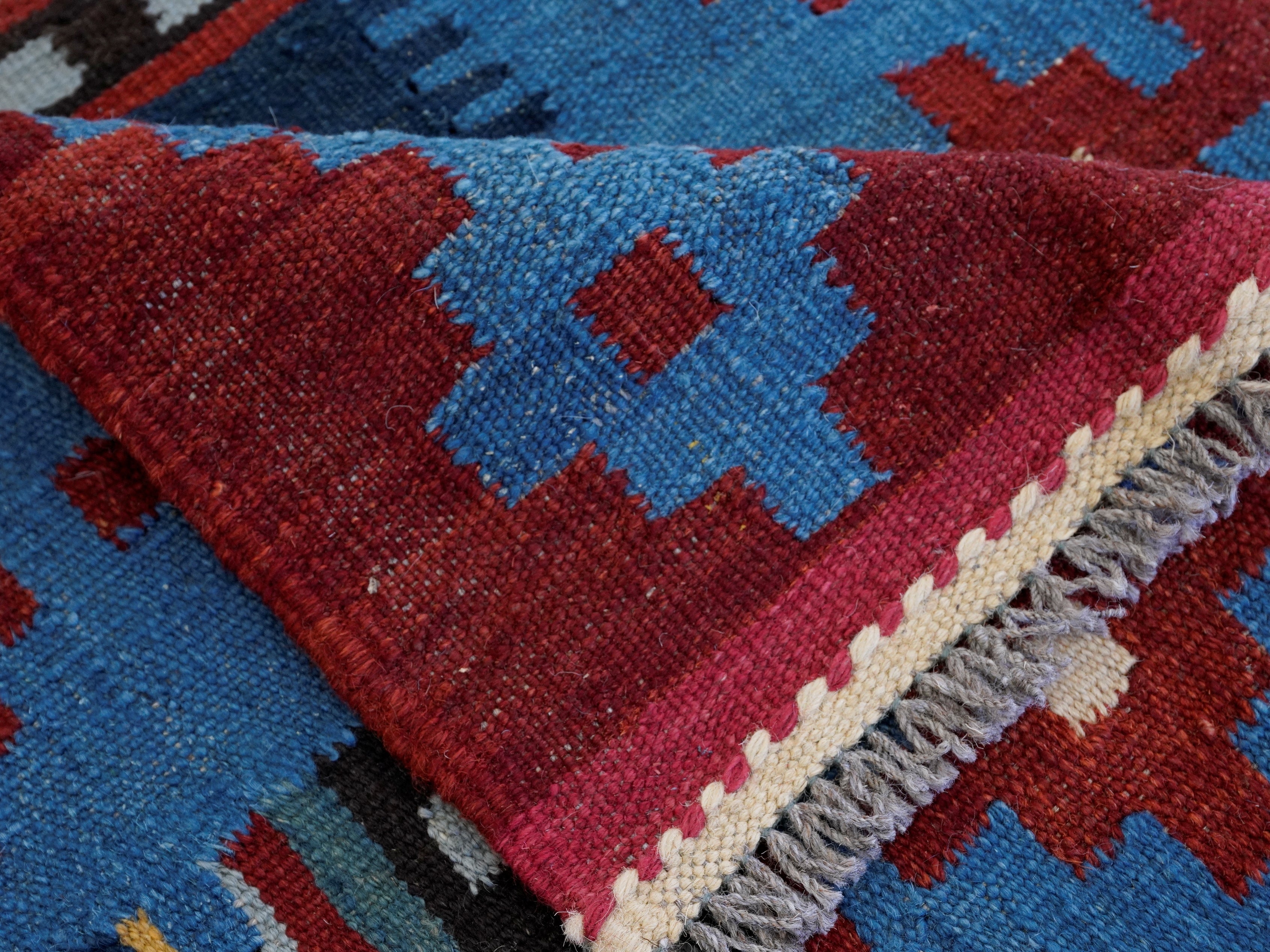 8 Ft Blue Killim Runner Rug  - Handwoven Flatweave Runner