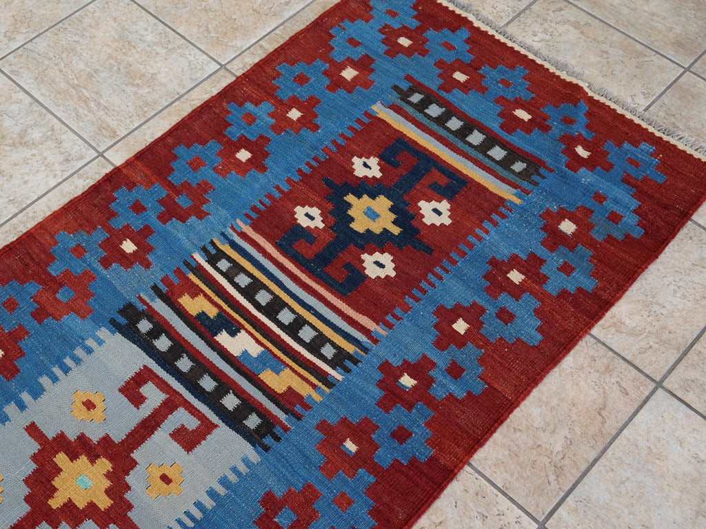 8 Ft Blue Killim Runner Rug  - Handwoven Flatweave Runner