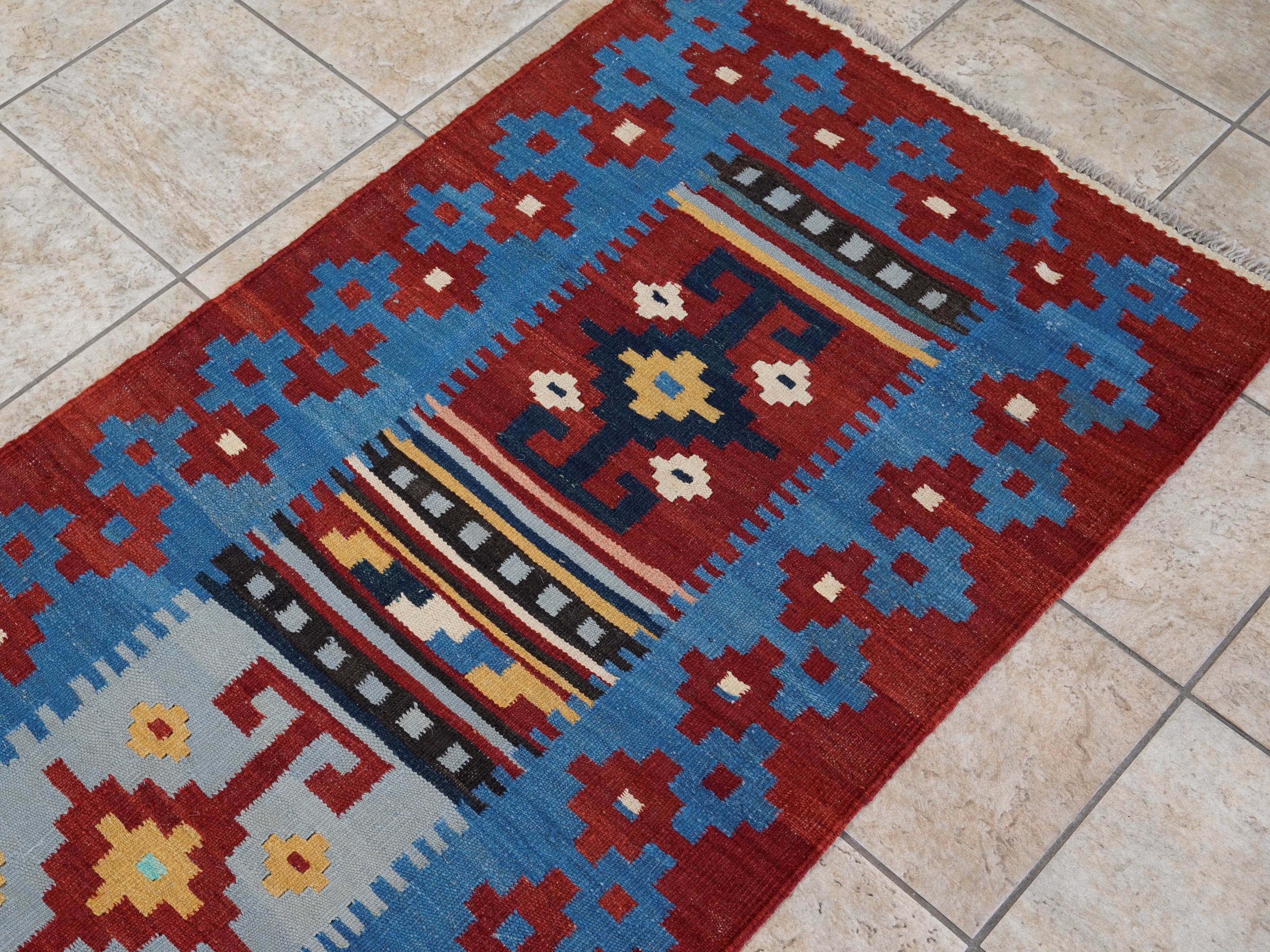8 Ft Blue Killim Runner Rug  - Handwoven Flatweave Runner