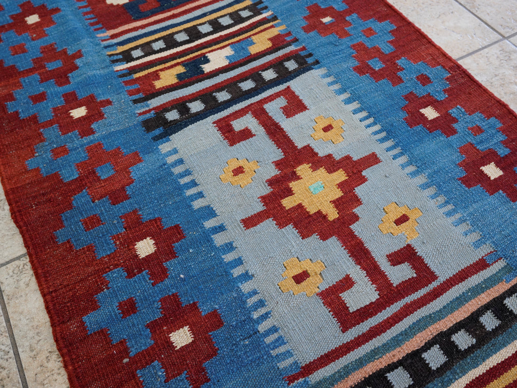 8 Ft Blue Killim Runner Rug  - Handwoven Flatweave Runner
