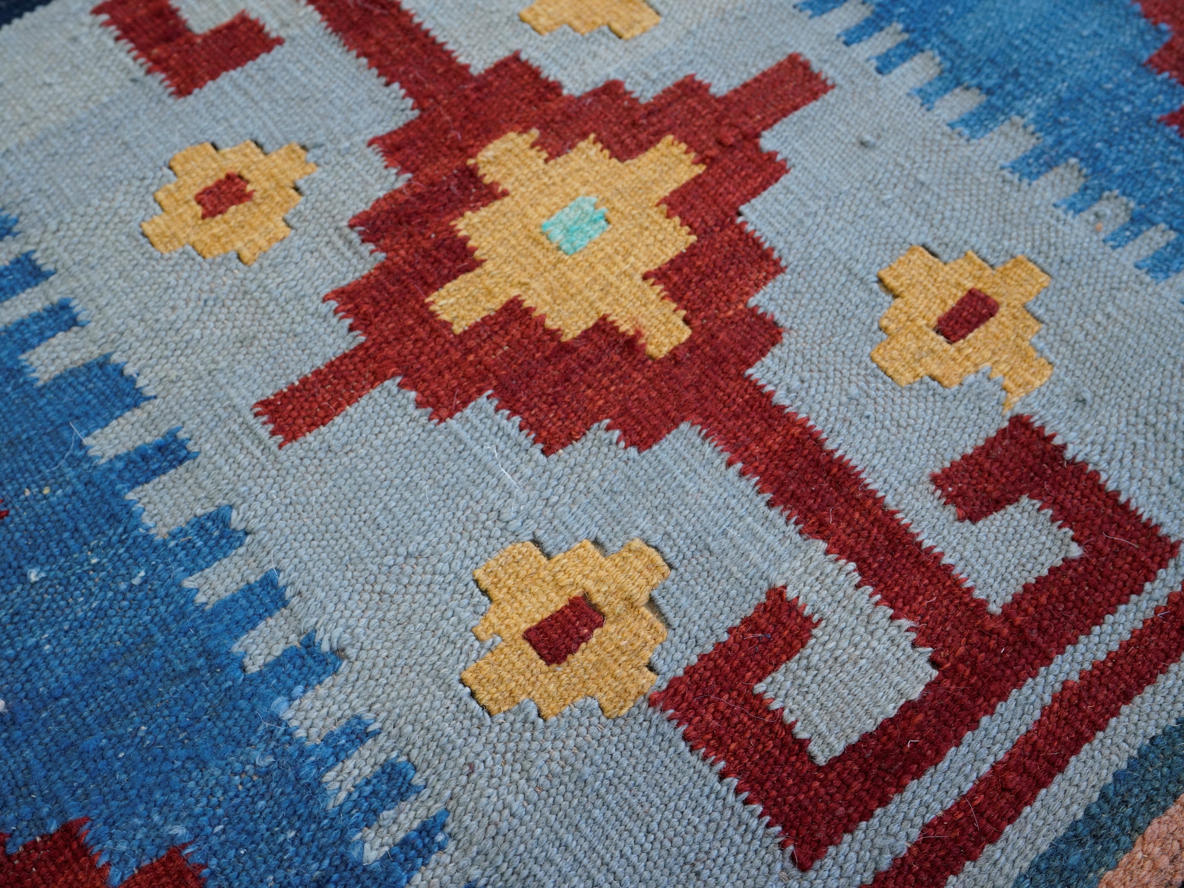 8 Ft Blue Killim Runner Rug  - Handwoven Flatweave Runner