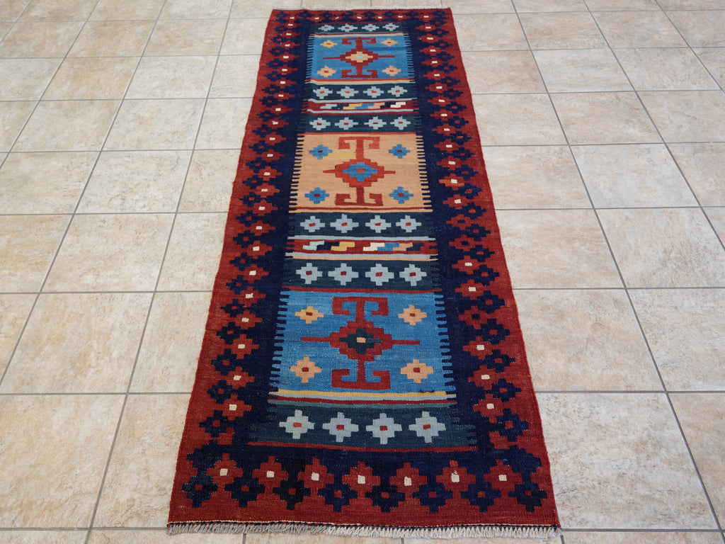 8 Ft Red & Blue Killim Runner Rug  - Handwoven Flatweave Runner