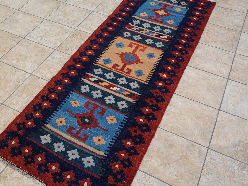 8 Ft Red & Blue Killim Runner Rug  - Handwoven Flatweave Runner