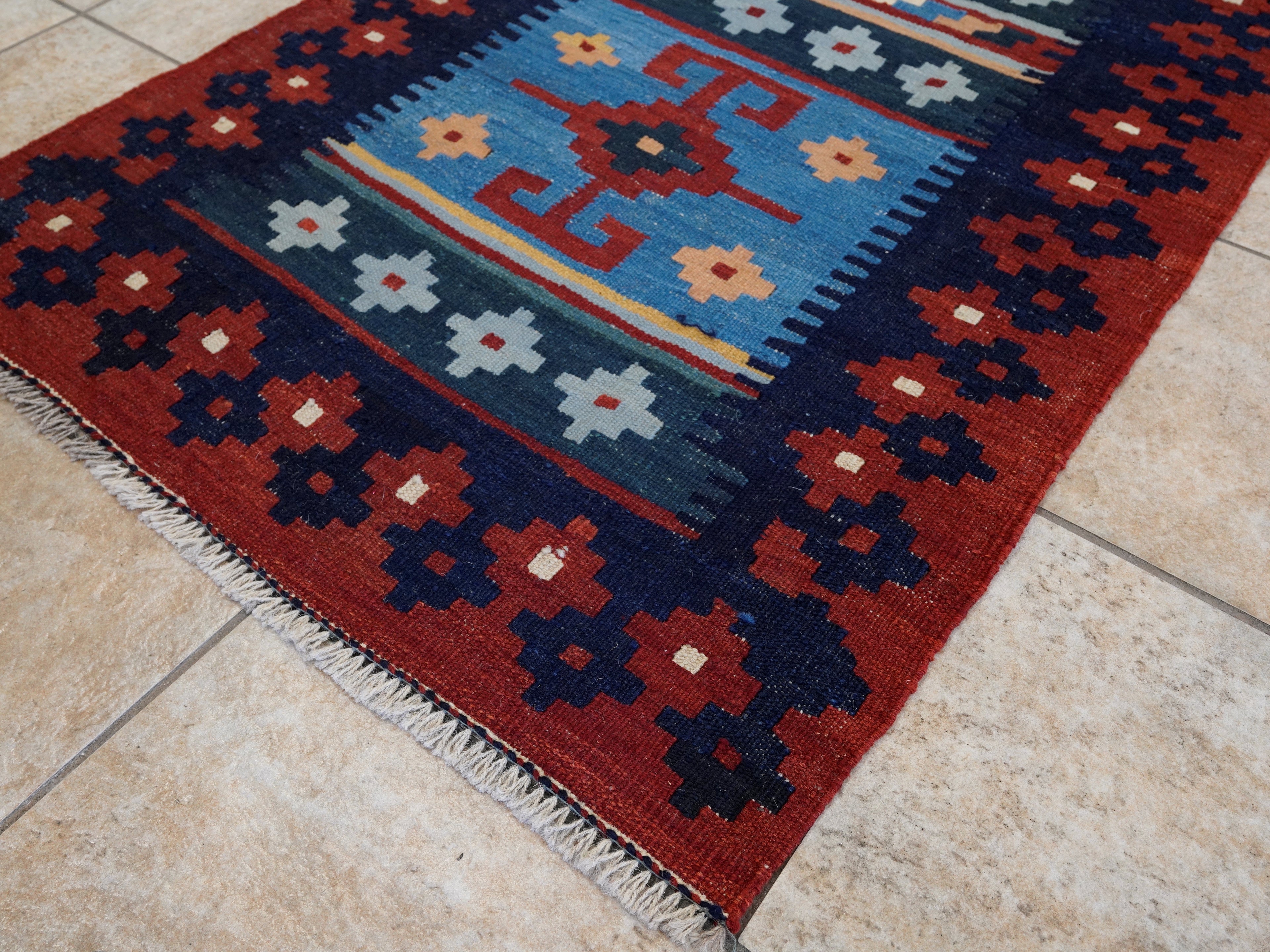 8 Ft Red & Blue Killim Runner Rug  - Handwoven Flatweave Runner
