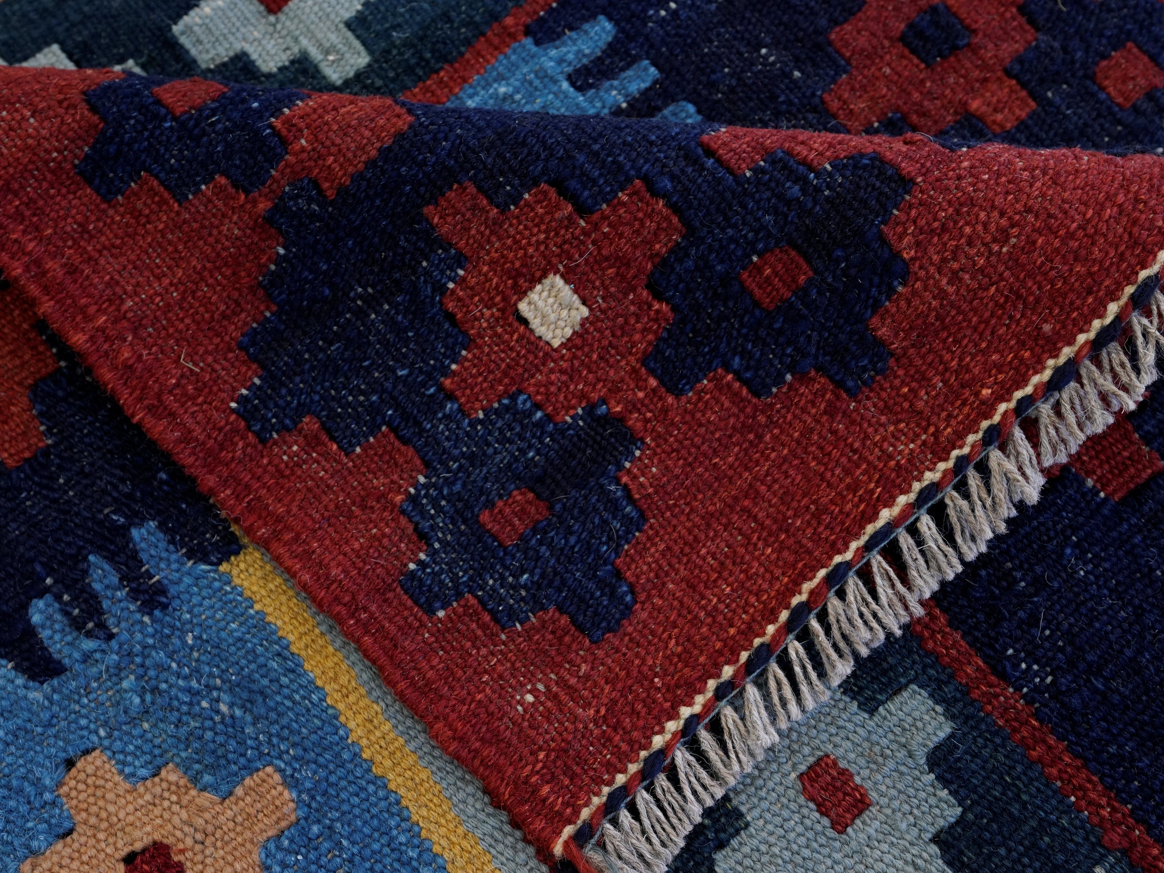 8 Ft Red & Blue Killim Runner Rug  - Handwoven Flatweave Runner