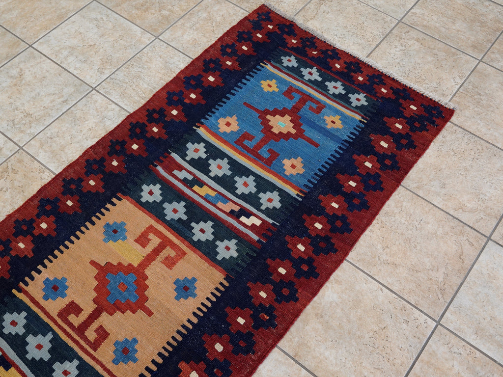 8 Ft Red & Blue Killim Runner Rug  - Handwoven Flatweave Runner