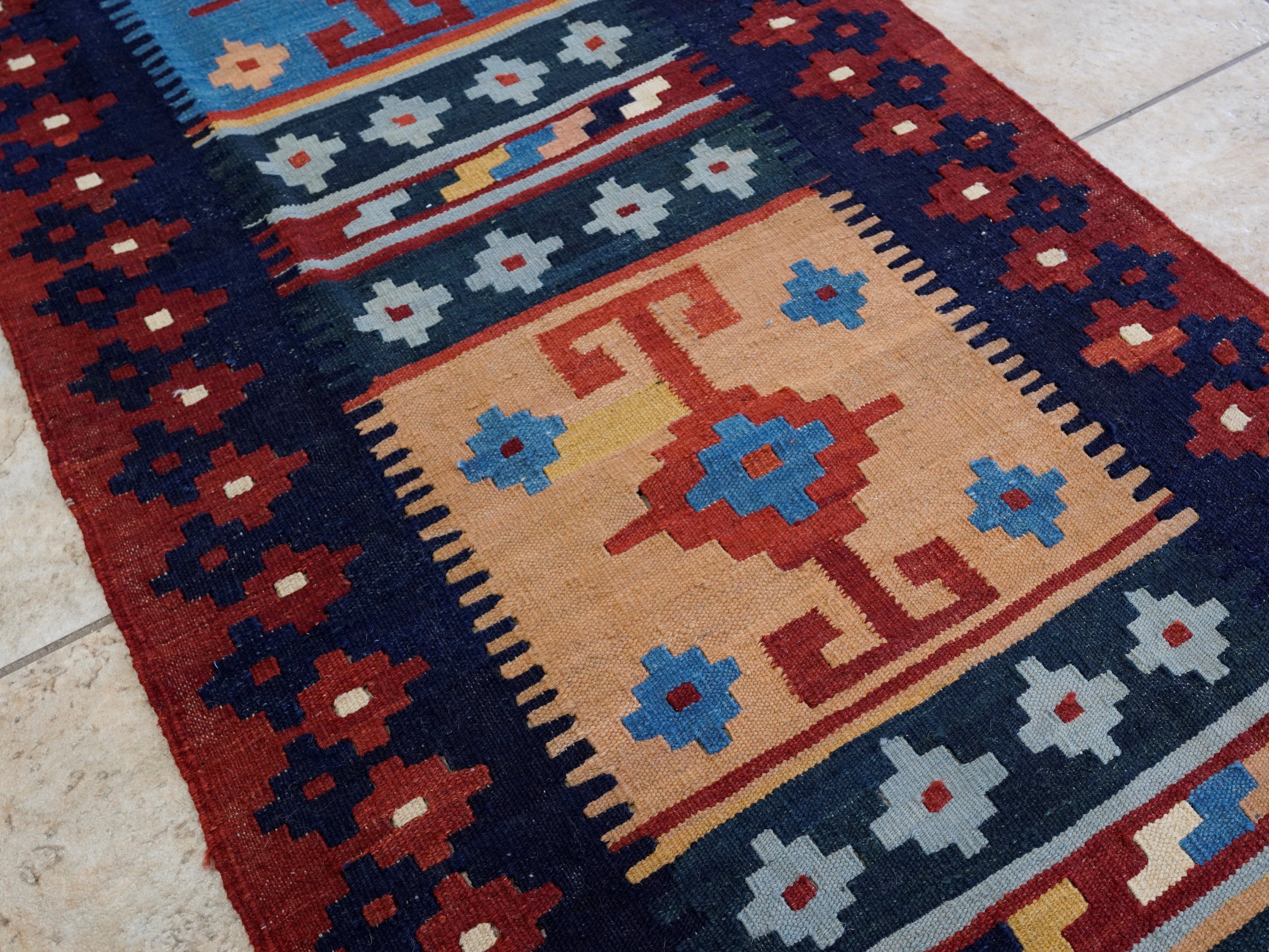 8 Ft Red & Blue Killim Runner Rug  - Handwoven Flatweave Runner