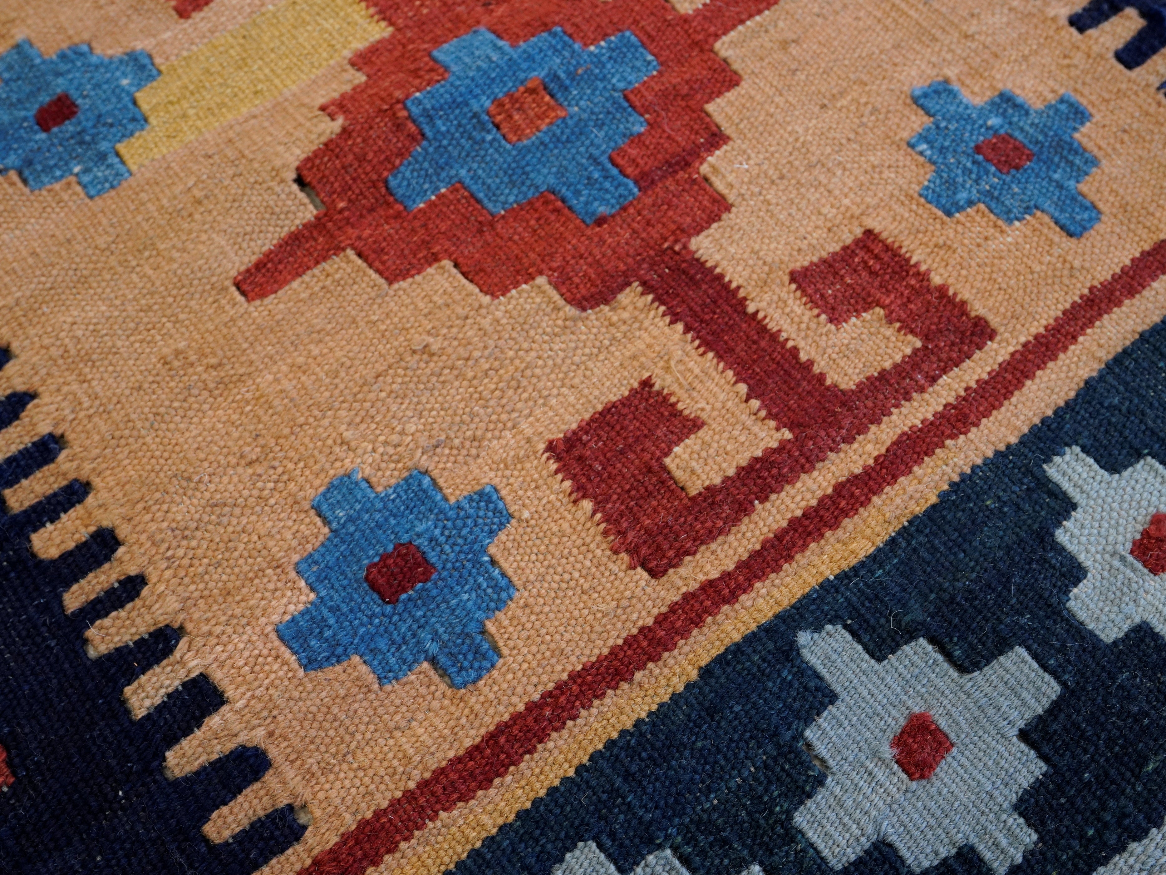 8 Ft Red & Blue Killim Runner Rug  - Handwoven Flatweave Runner