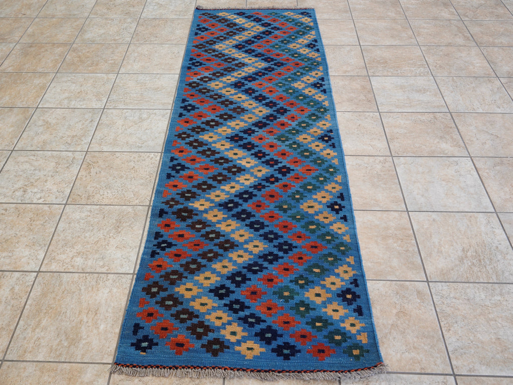 8 Ft Blue Contemporary Killim Runner Rug  - Handwoven Flatweave Runner