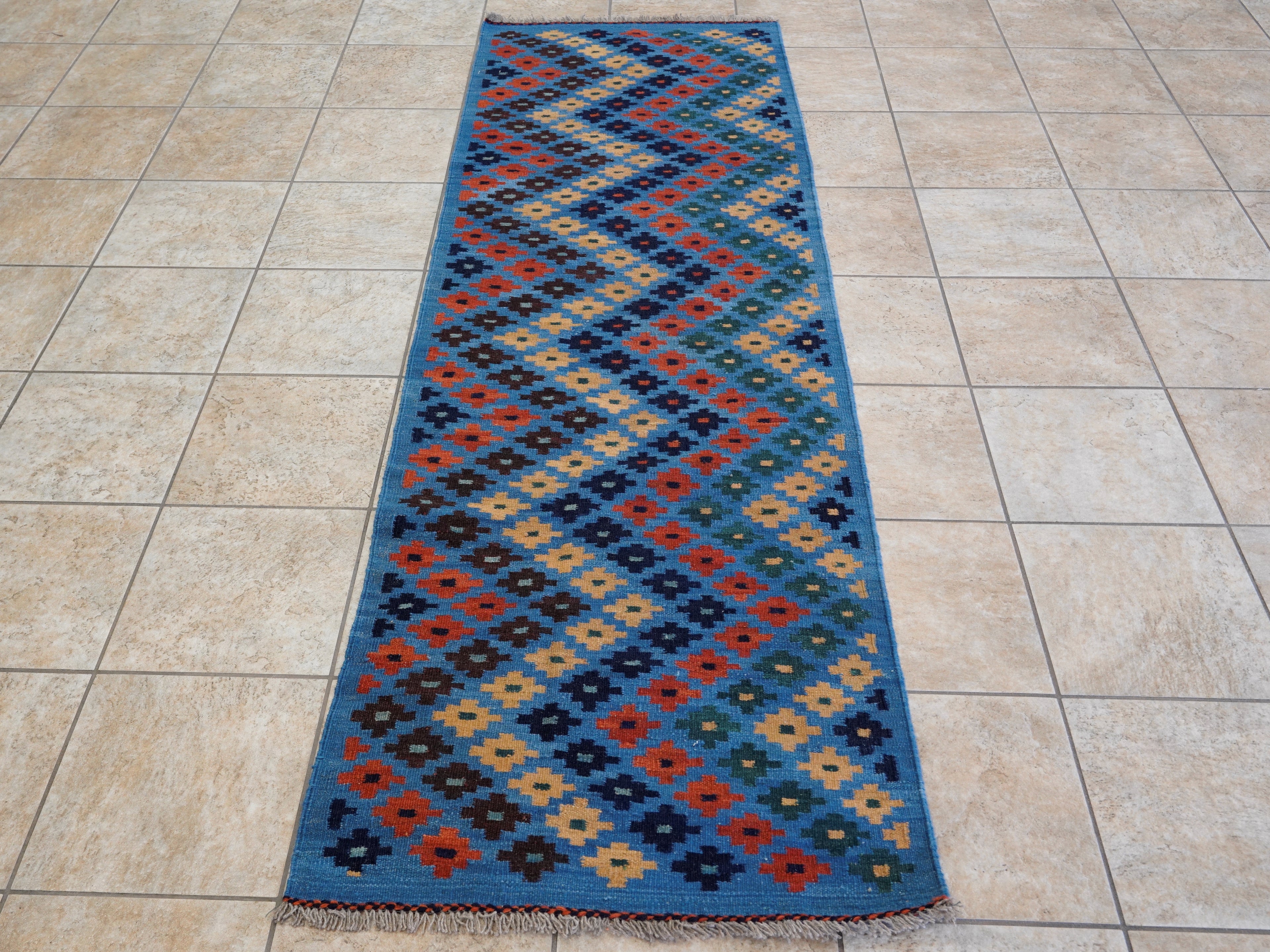 8 Ft Blue Contemporary Killim Runner Rug  - Handwoven Flatweave Runner