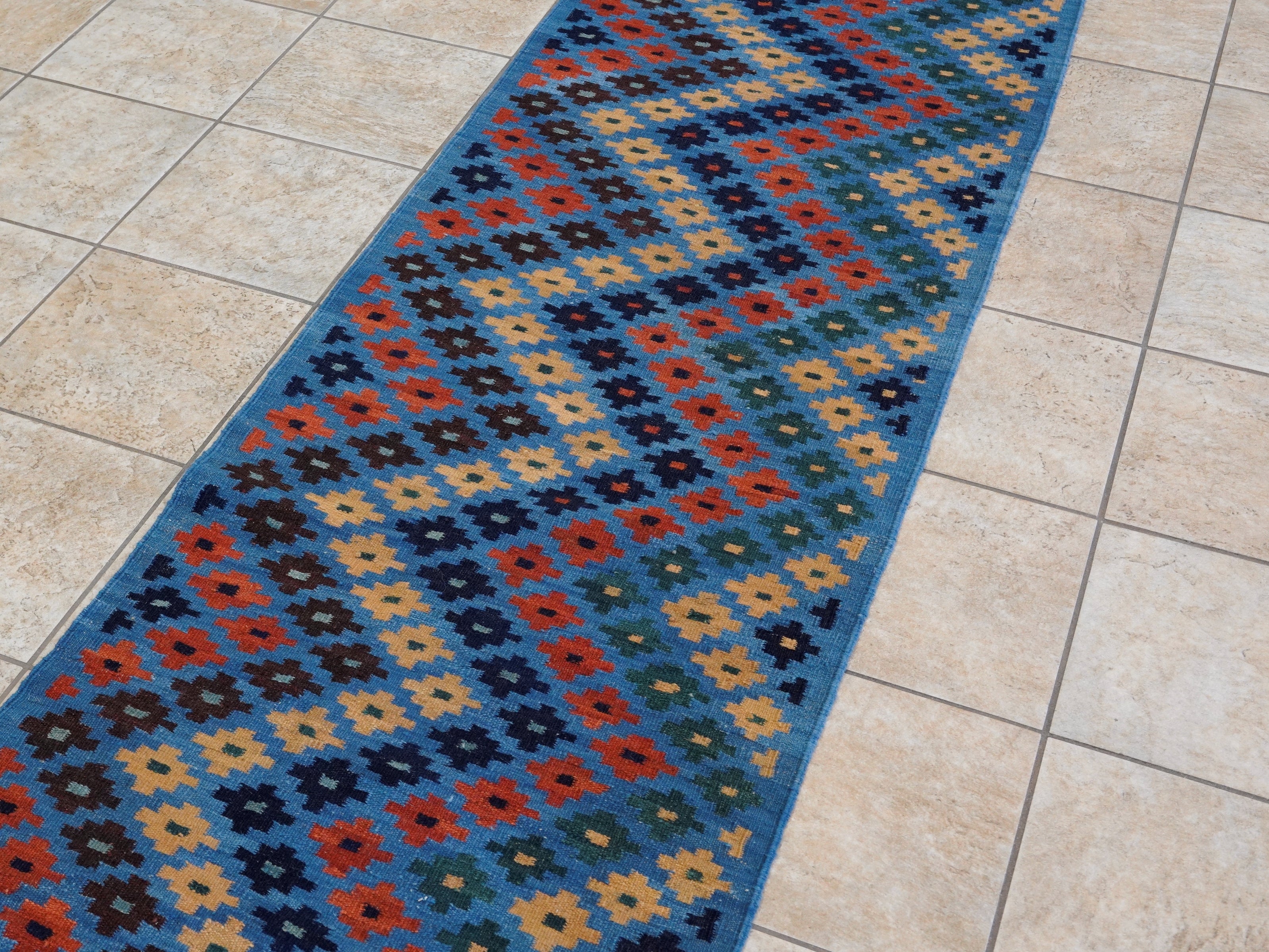 8 Ft Blue Contemporary Killim Runner Rug  - Handwoven Flatweave Runner